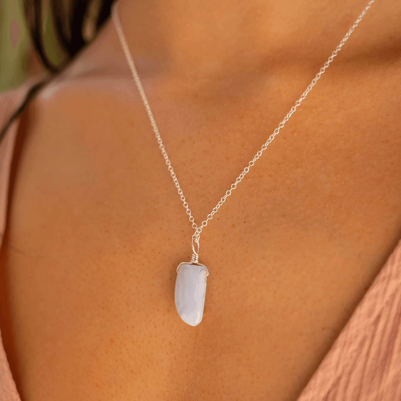 Blue Lace Agate Crystal Pendant Necklace - Smooth Stone Healing Jewelry for Women, Gift for Her | Perfect for Meditation, Yoga & Spiritual Healing