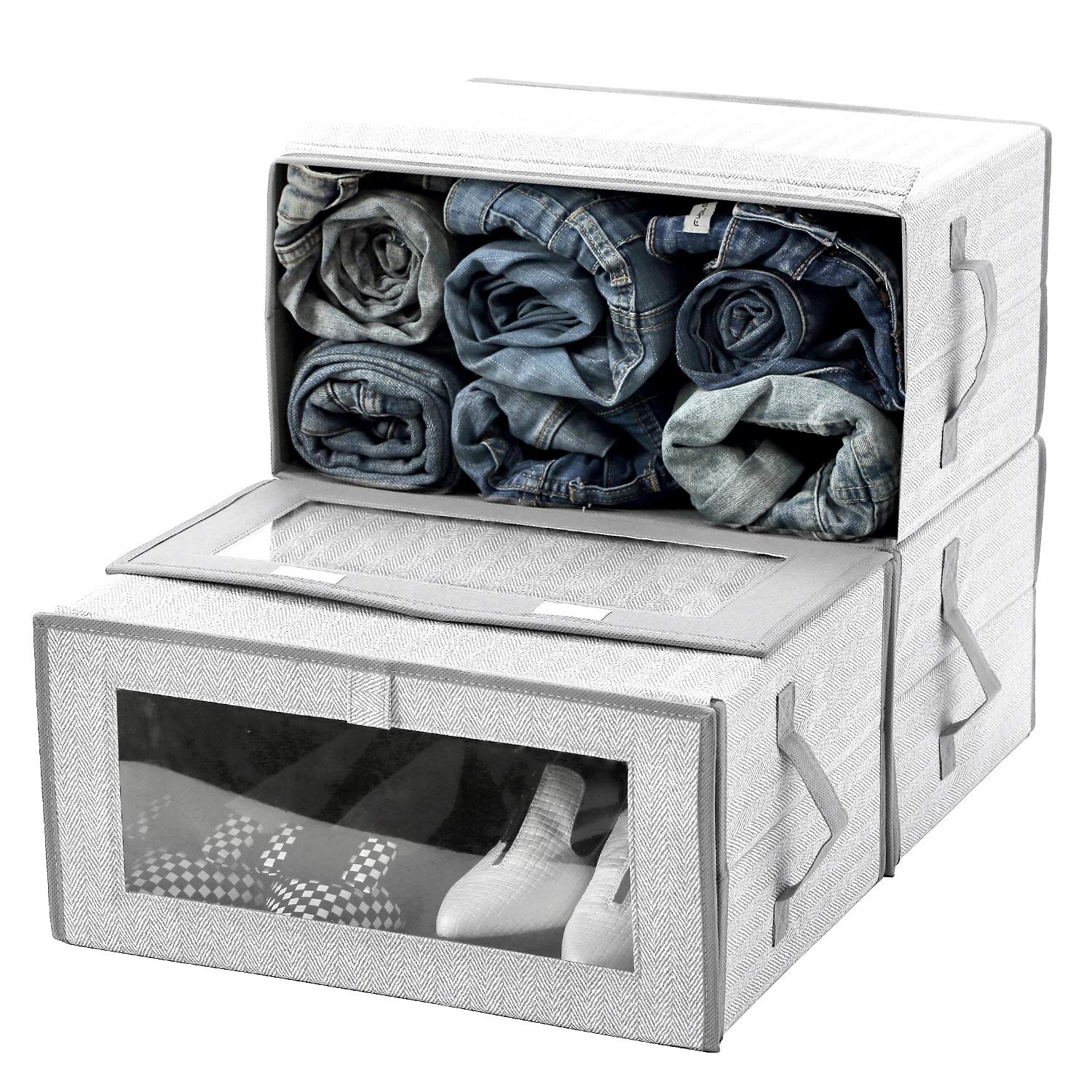 Sami Time Stackable Closet Storage Organizer Box with Clear Window & Hinged Lid - Front Opening Shoe Storage Bin for Bedroom, Closet & Living Room Organization - Perfect for Shoes, Toys, Clothes & Home Decor Storage