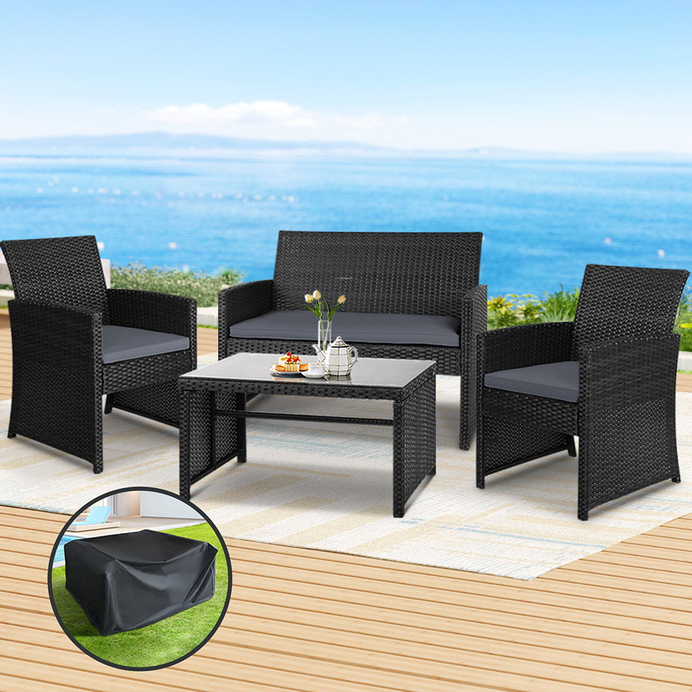 4-Piece Outdoor Rattan Sofa Set with Storage Cover - Patio Furniture in Black for Garden, Backyard, and Poolside Relaxation
