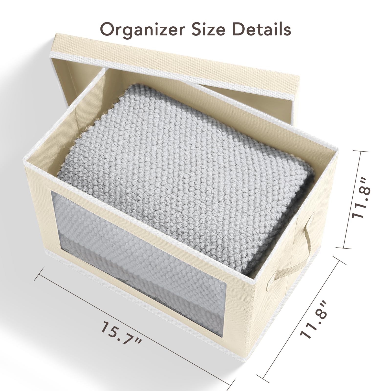 Clear Window Fabric Storage Boxes with Lids - 4 Pack Large Decorative Storage Bins with Handles, Linen Closet Organizer for Clothes, Towels & Blankets - Perfect for Bedroom, Closet & Home Organization (Beige)