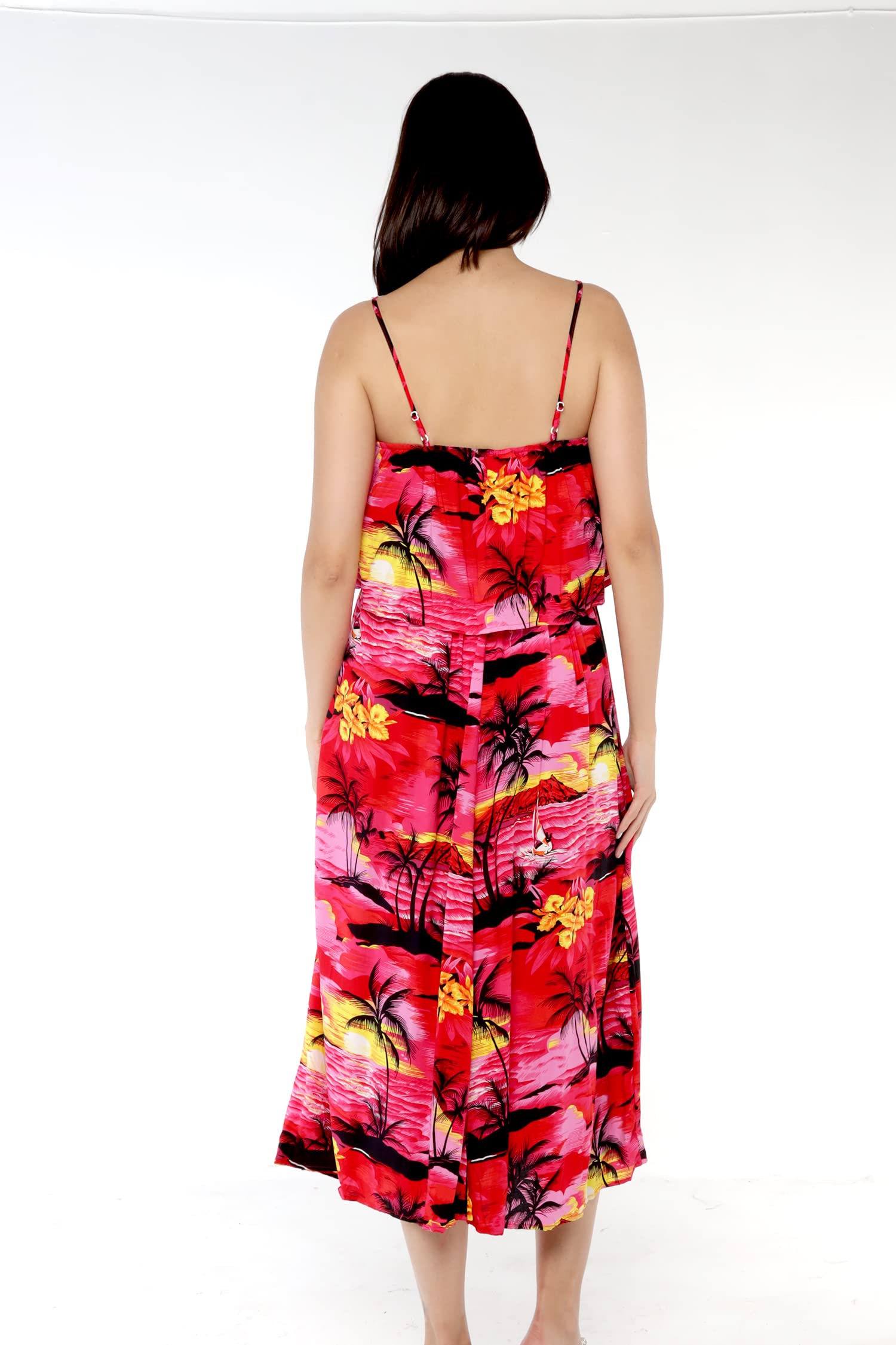 Women's Hawaiian Maxi Dress with Ruffle Hem - Tropical Hibiscus Floral Print - Perfect for Luau Parties, Beach Vacations & Summer Weddings