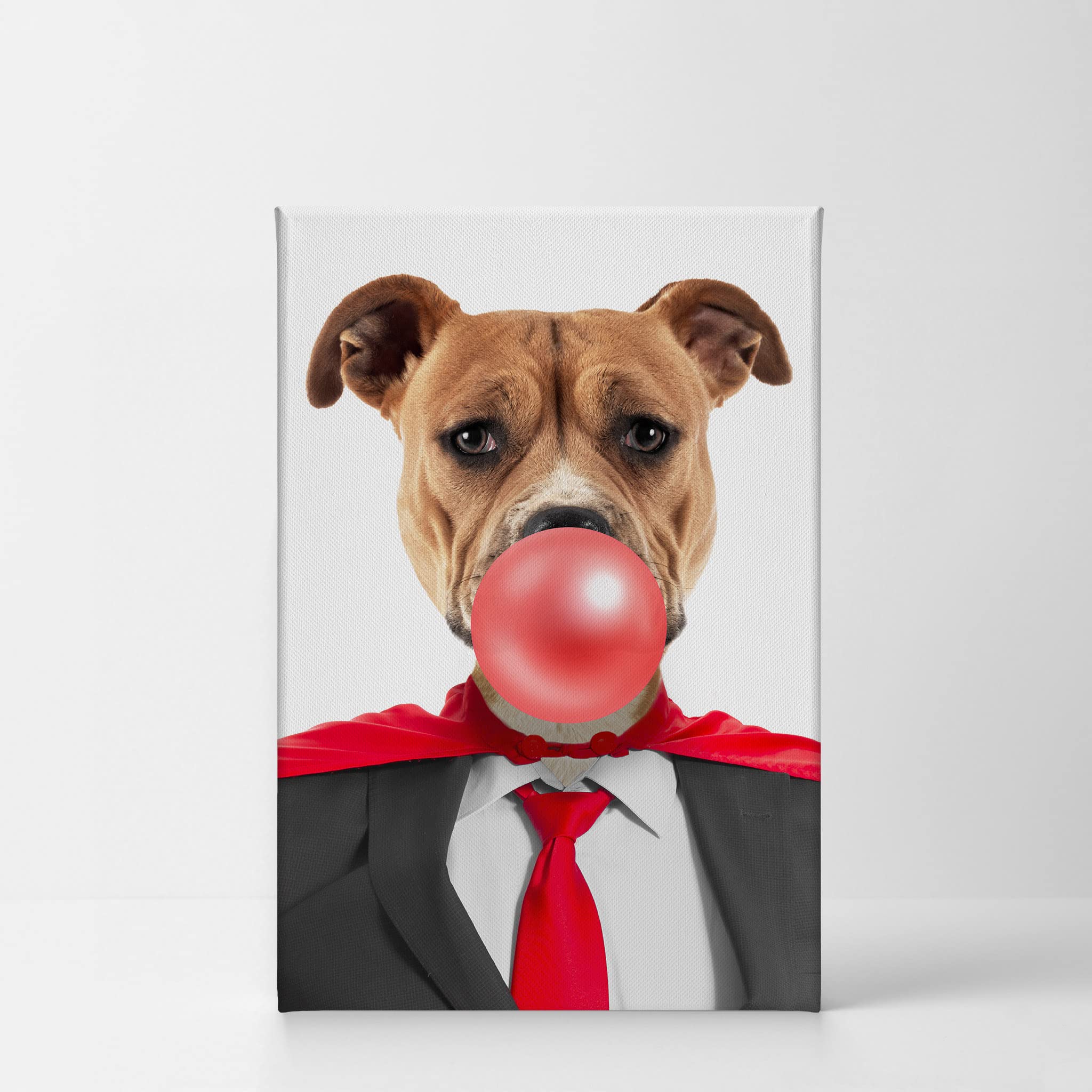 Staffordshire Bull Terrier Superhero Dog Chewing Bubble Gum Canvas Wall Art Print - Pet Lover Gift, Home Decor for Living Room, Bedroom, Nursery (17x11 inches) | Perfect for Dog Owners & Animal Lovers