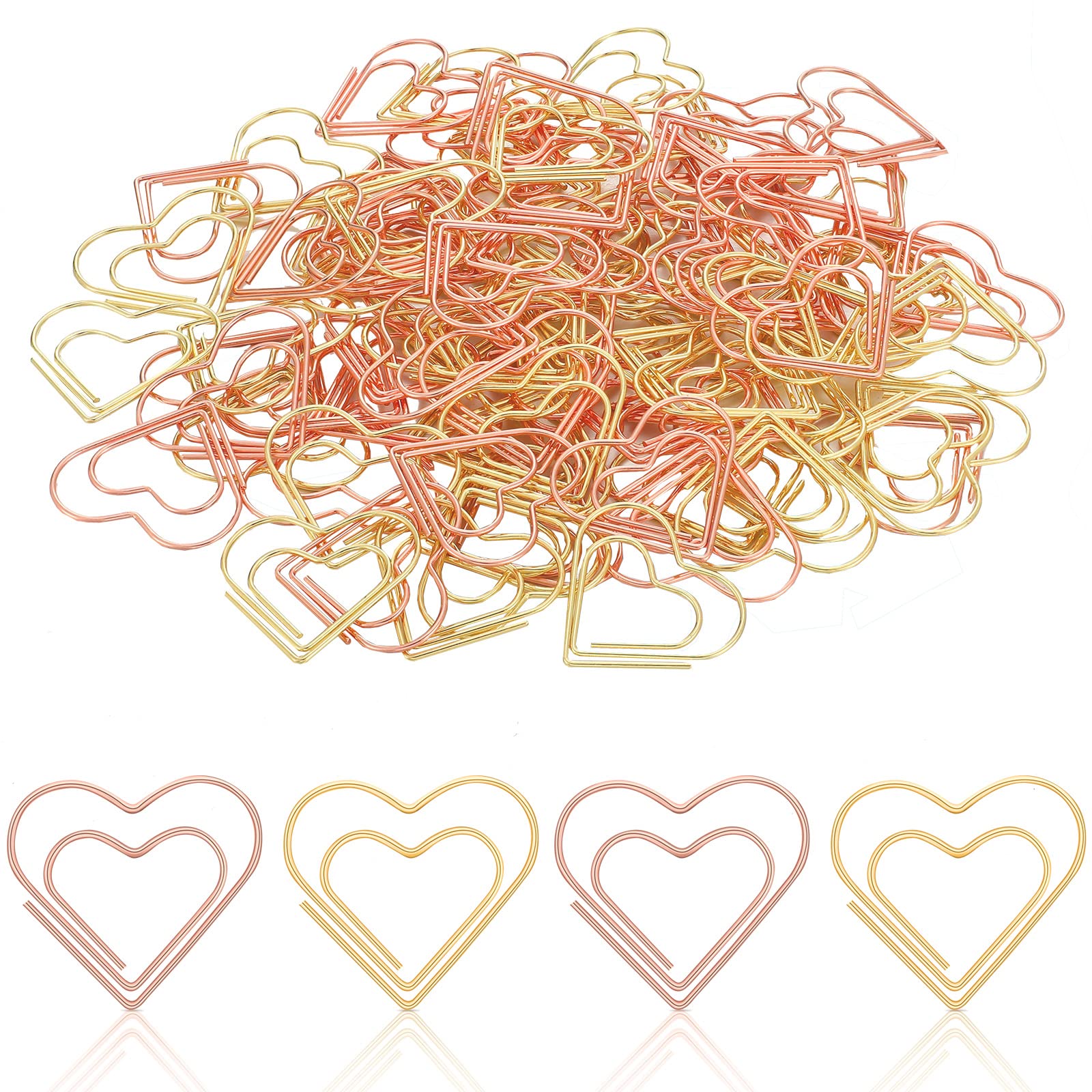 100 Pieces Heart-Shaped Paper Clips - Gold & Rose Gold Metal Office Supplies with Clear Storage Box | Perfect for Journaling, Document Organization, School & Office Use