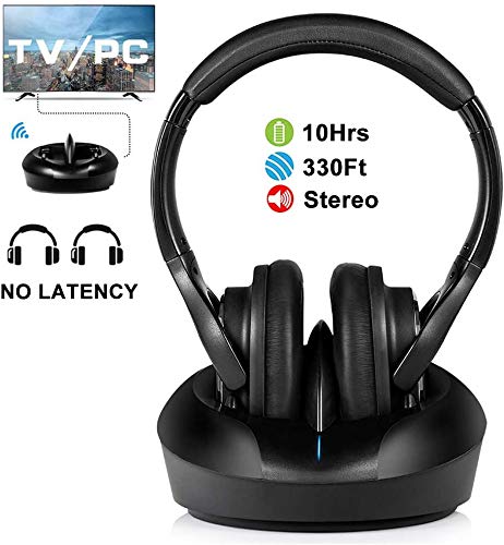 ZANCHIE Wireless Over-Ear Headphones for TV with RF Transmitter & Charging Dock - No Audio Delay, 330ft Range, Digital Optical/RCA/AUX Support - Ideal for Seniors & Home Theater (Black)
