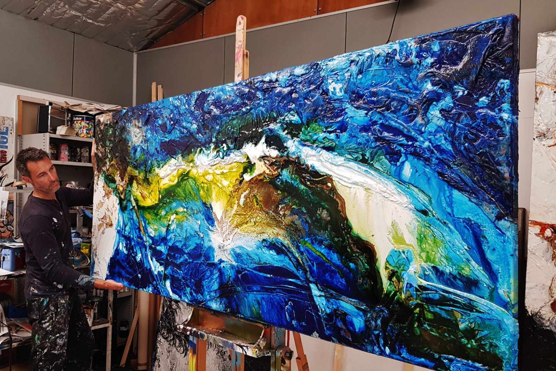 Nature's Wealth 240cm x 100cm Blue Green Textured Abstract Canvas Art - Modern Wall Decor for Living Room, Bedroom & Office