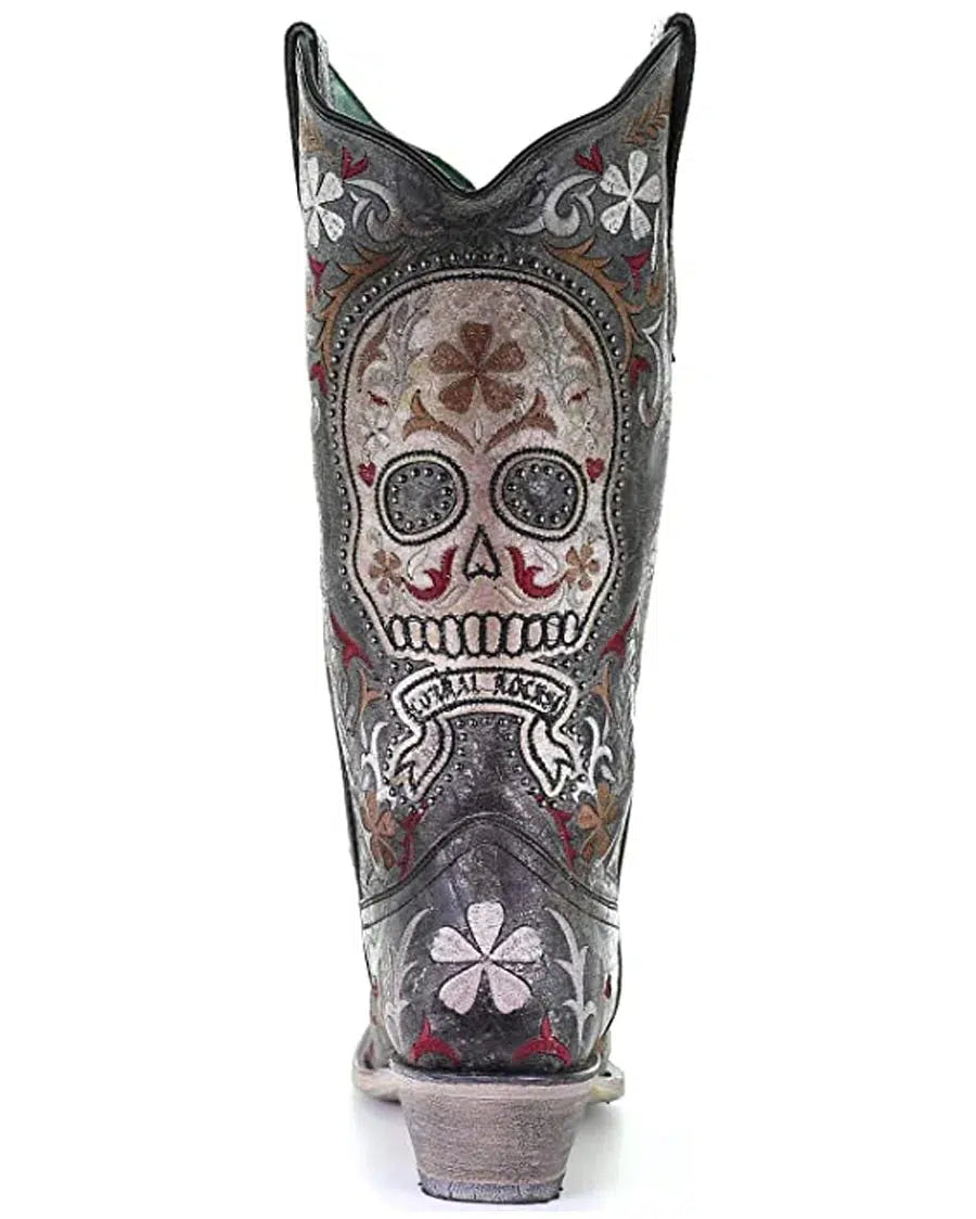 E1587 Women's Western Cowgirl Leather Boots - Black Skull Design for Rodeo & Country Fashion | Perfect for Horseback Riding, Line Dancing & Cowgirl Style Outfits