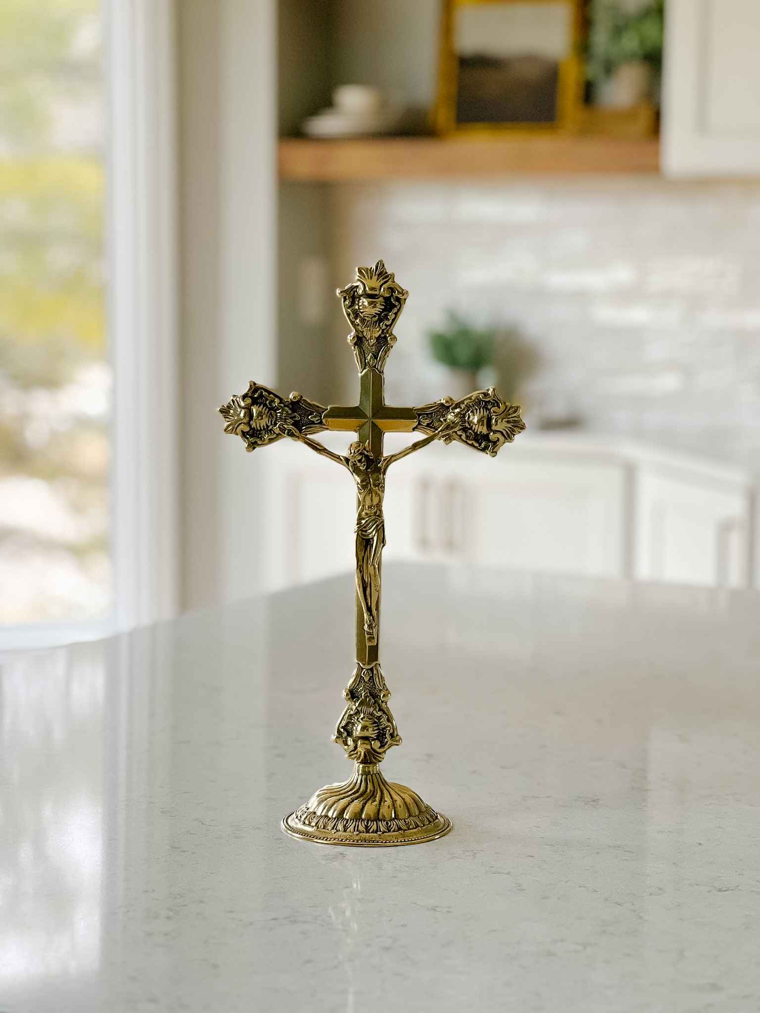 Standing Crucifix Grande - Polished Brass Religious Cross for Home Altar, Church Decor, and Prayer Spaces