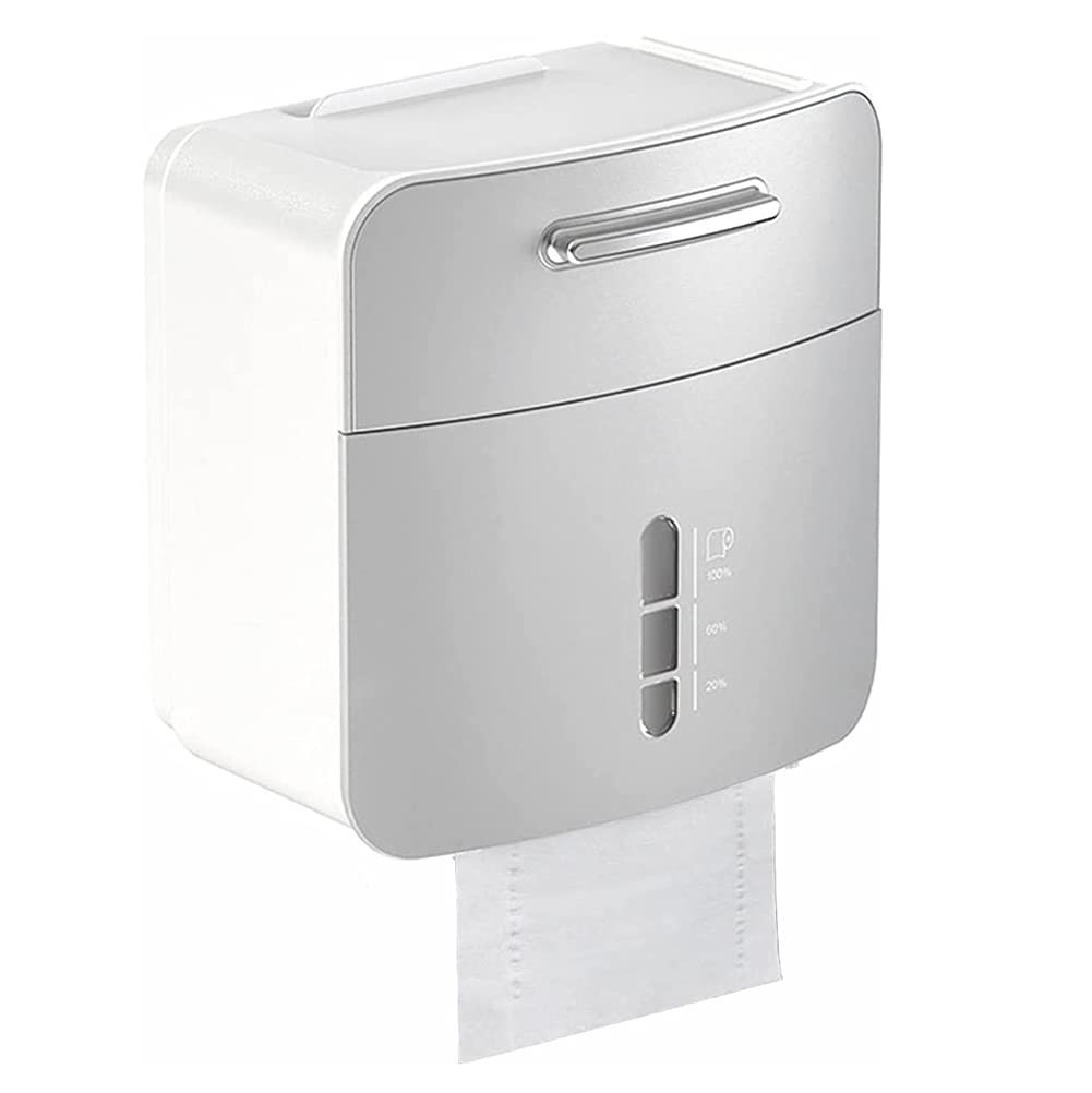 SETSCZY Wall Mounted Toilet Paper Holder - Adhesive Bathroom Tissue Dispenser with Waterproof Storage Box for Toilet Paper Rolls (Gray) - Perfect for Bathroom, Toilet, WC & Home Organization
