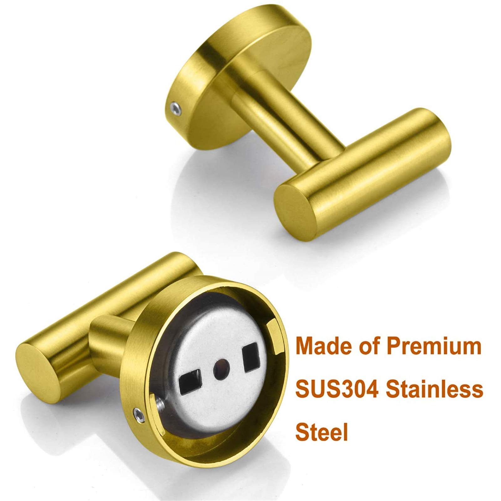 Premium SUS 304 Stainless Steel Wall Mounted Towel Hooks (2-Pack) - Brushed Gold Bathroom & Kitchen Hooks for Robes, Coats, Sponges - Ideal for Home, Hotel & Garage Organization