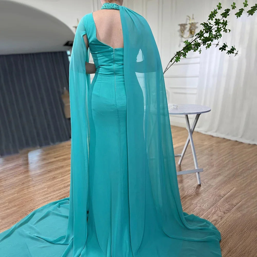 Elegant Turquoise Green Chiffon Evening Dress with Cape Sleeves - Dubai Style LA72101 for Women's Party & Formal Events