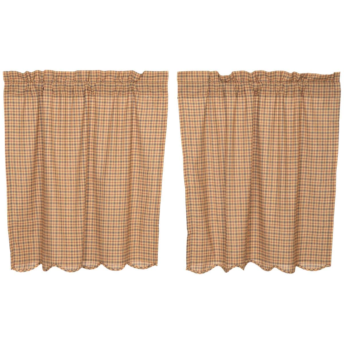 VHC Brands Millsboro Plaid Cotton Rustic Kitchen Curtains - Rod Pocket 36x36 Tier Pair in Khaki Tan | Farmhouse Window Treatments for Cozy Countryside Kitchens