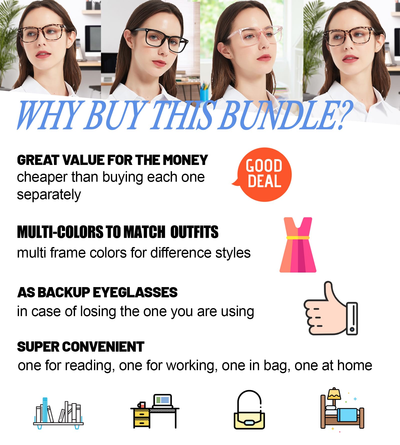 Blue Light Blocking Reading Glasses for Women - 4 Pack Computer Readers with 1.0 to 6.0 Magnification - Square Frame Anti-Eye Strain Glasses for Office, Screen Time & Digital Device Use