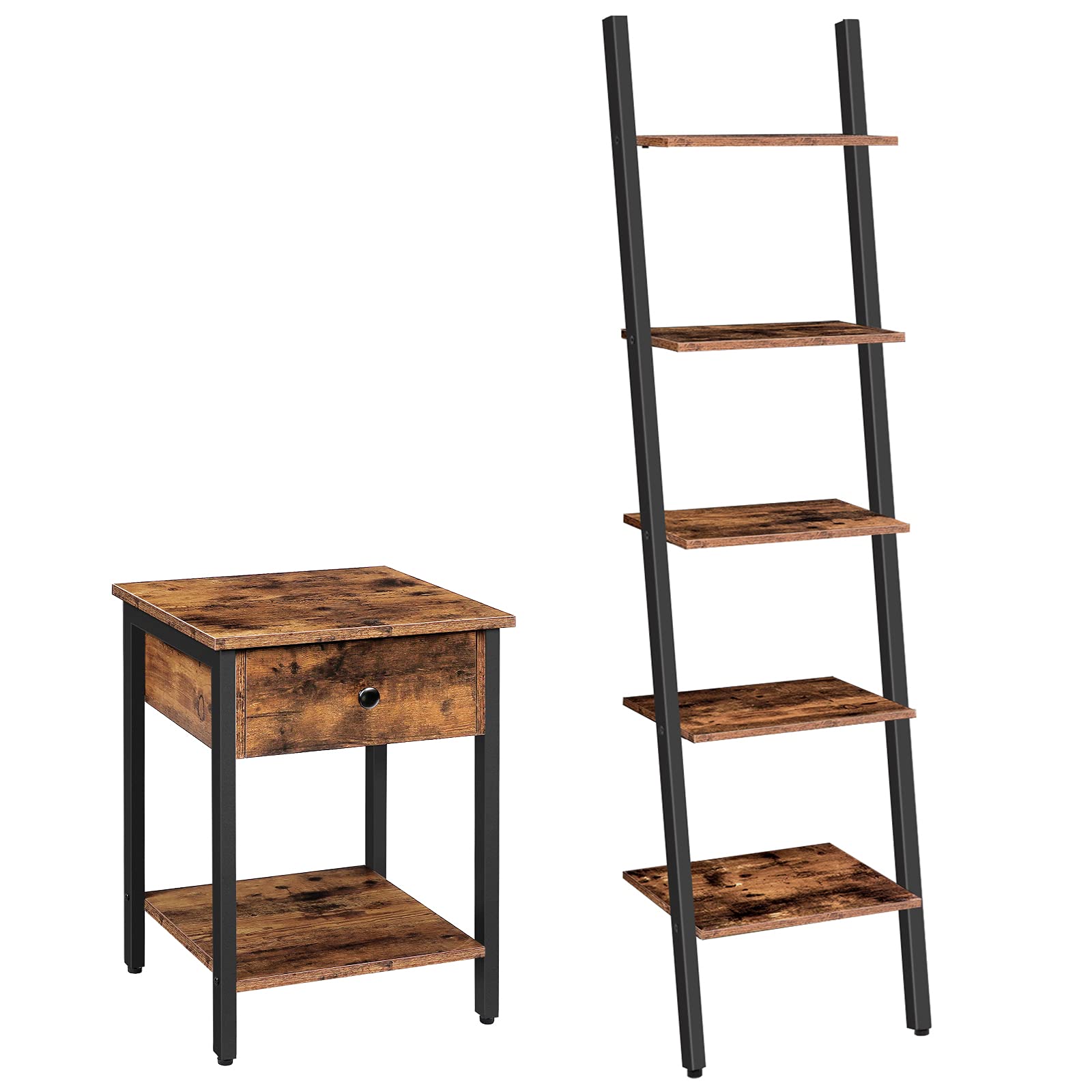 HOOBRO Industrial Nightstand with Drawer & Narrow 5-Tier Leaning Bookshelf Set, Rustic Brown Side Table with Storage Shelf - Perfect for Living Room, Bedroom, or Office Space