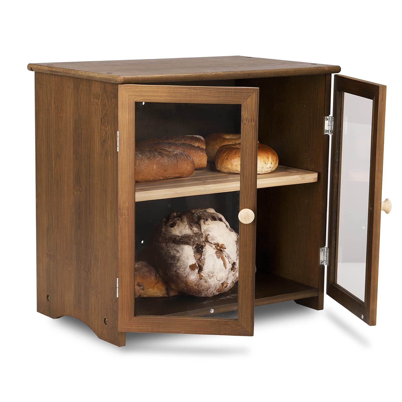 Leopard Print Bamboo Bread Storage Box with Clear Window - 2 Tier Kitchen Countertop Organizer for Bread, Pastries & Snacks - Includes Cutting Board - Perfect for Home, Bakery & Restaurant Use