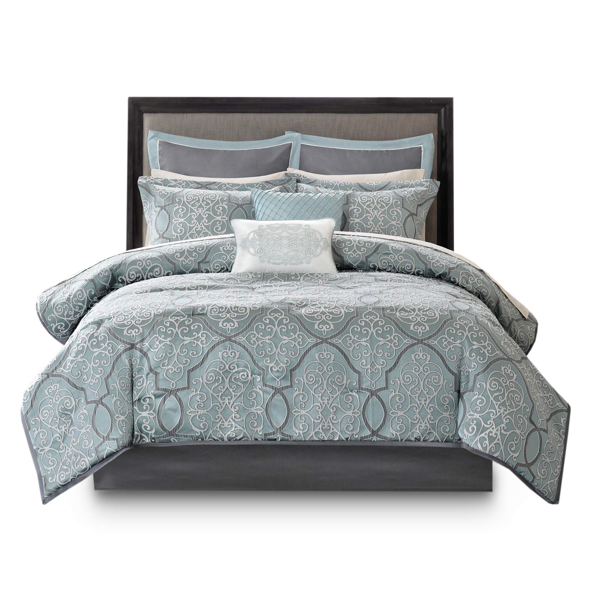 Madison Park Lavine 12-Piece Queen Size Bed in a Bag Comforter Set - Luxe Jacquard Down Alternative Bedding with Cotton Sheets, Bed Skirt & Pillow Shams | All-Season Soft Blue Traditional Design for Cozy Bedroom Decor
