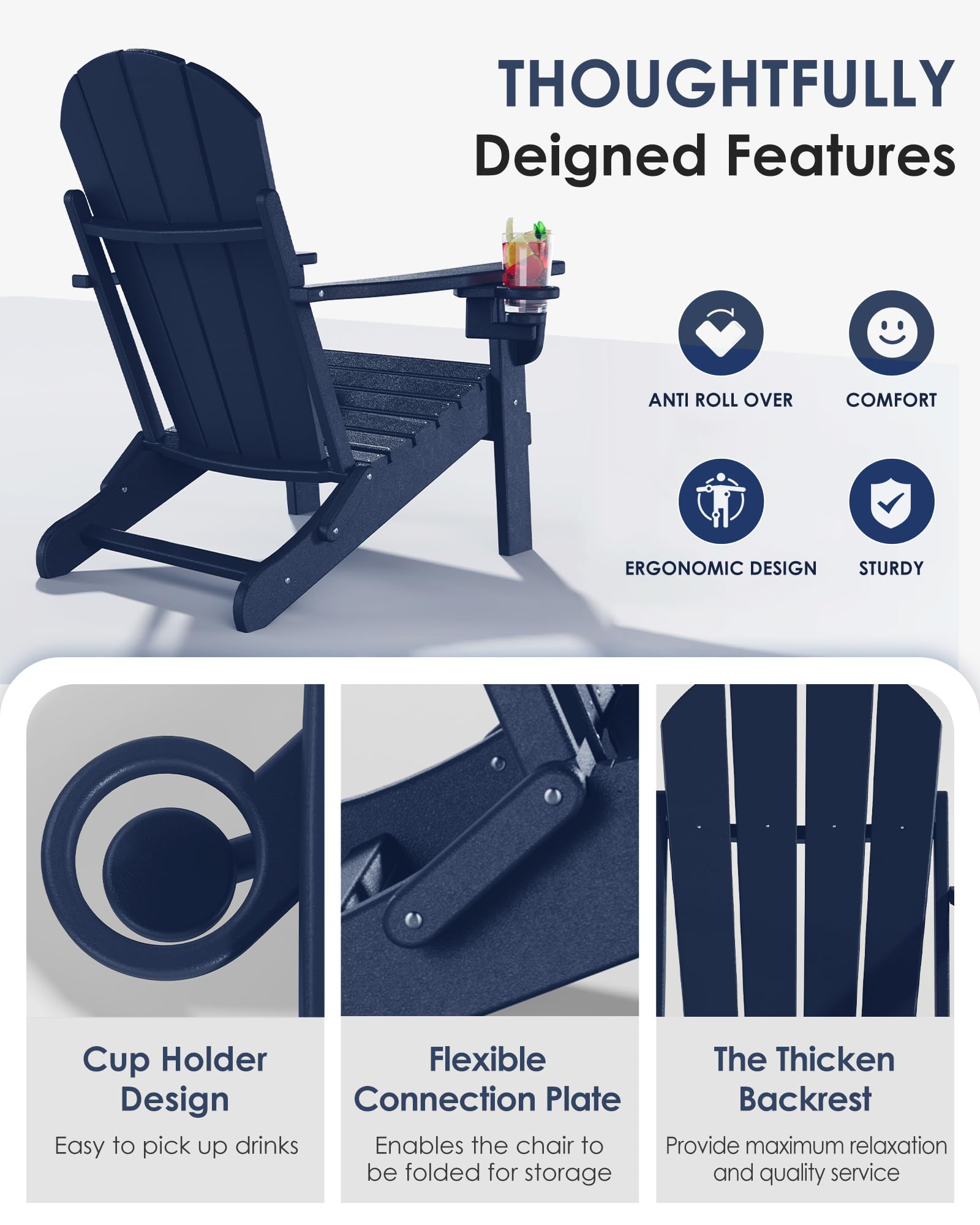 2-Pack Folding Adirondack Chairs - All-Weather HDPE Outdoor Patio Chairs with Cup Holder - Heavy Duty 385lb Capacity - Navy Blue - Perfect for Backyard, Poolside, Camping & Firepit Relaxation