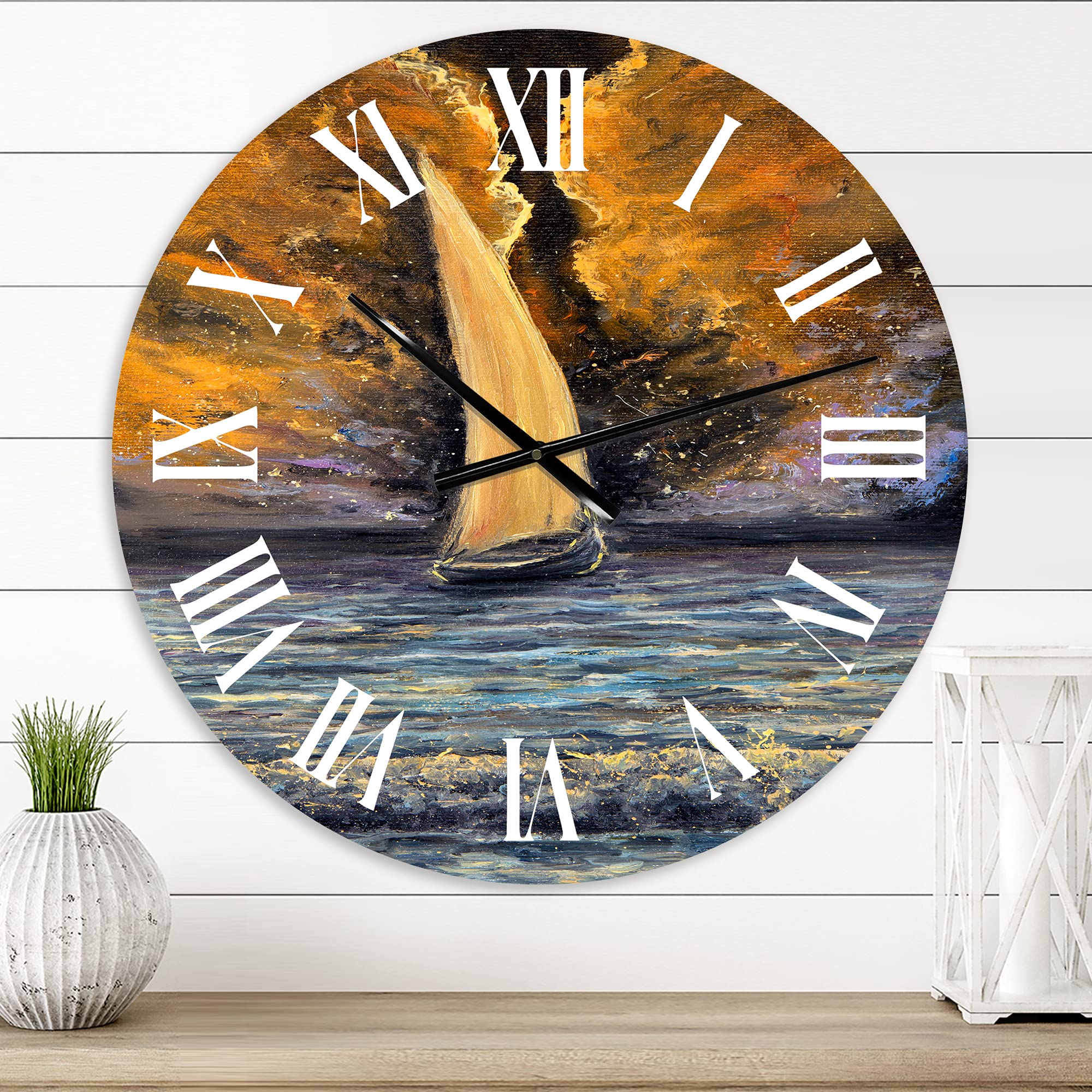 DesignQ Nautical & Coastal Wall Clock - 'Sailship On The Ocean at Dawn' Orange Round Clock for Kitchen, Living Room & Office Decor | Perfect for Beach House, Coastal & Marine Theme Home Décor
