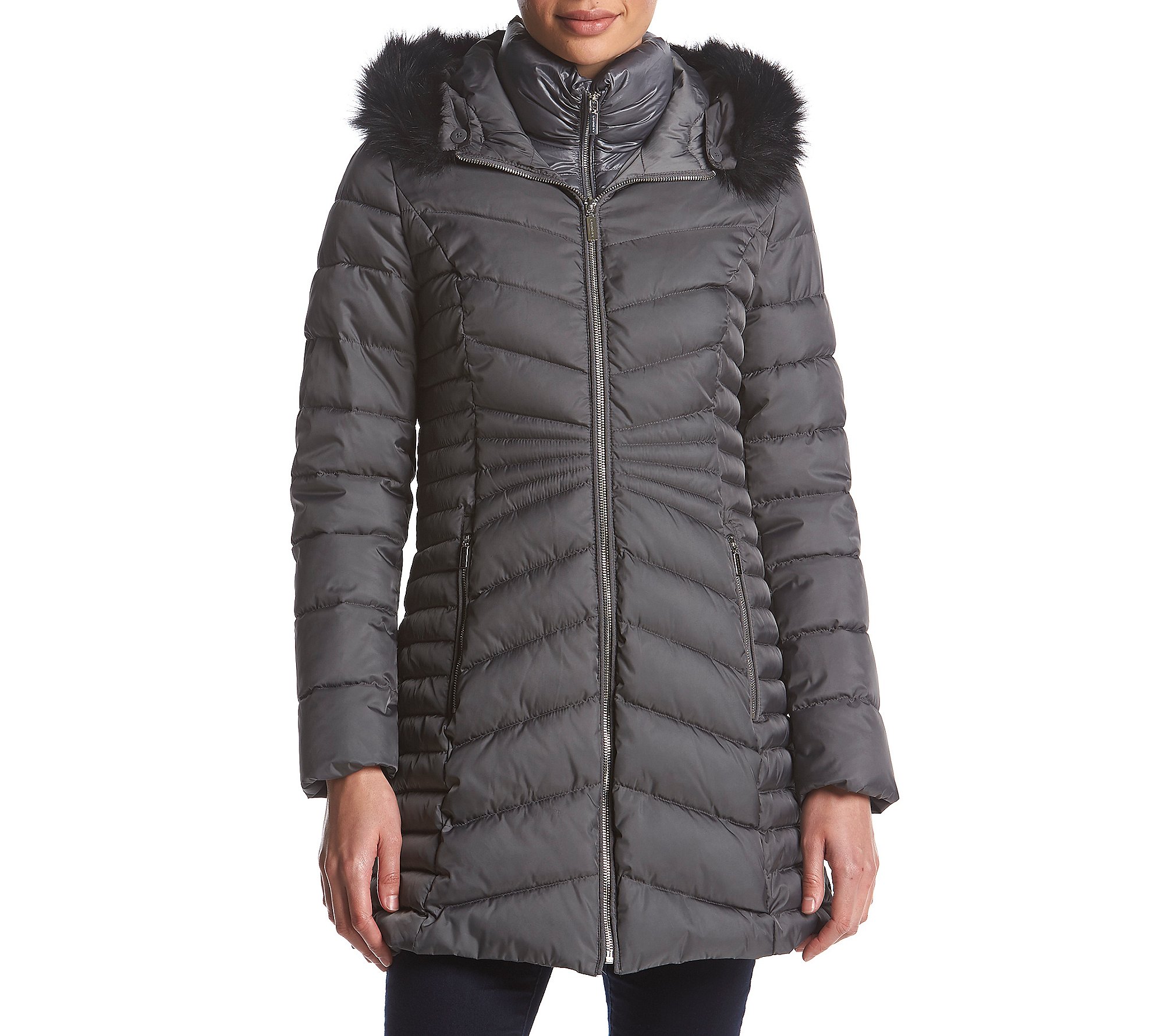 Women's Faux Fur Trim Puffer Coat for Winter - Steel Gray Medium Size | Warm & Stylish Outerwear for Cold Weather, Travel & Everyday Wear