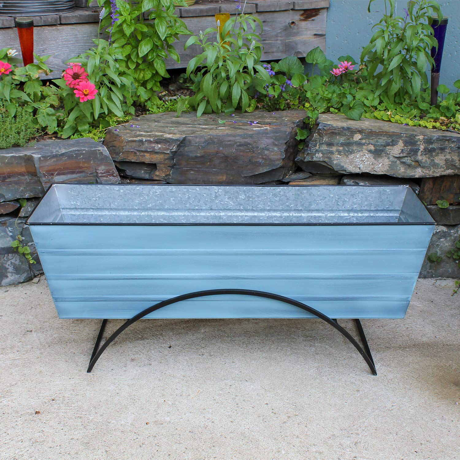 Achla Designs Odette Stand with Large Blue Flower Box - Outdoor Garden Decor for Patio, Balcony, and Porch