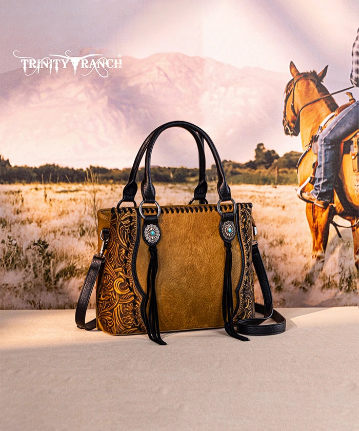 Trinity Ranch Floral Tooled Concho Tote Bag Set - Western Style Leather Handbag for Women - Perfect for Cowgirl Fashion, Rodeo Events & Country Outfits