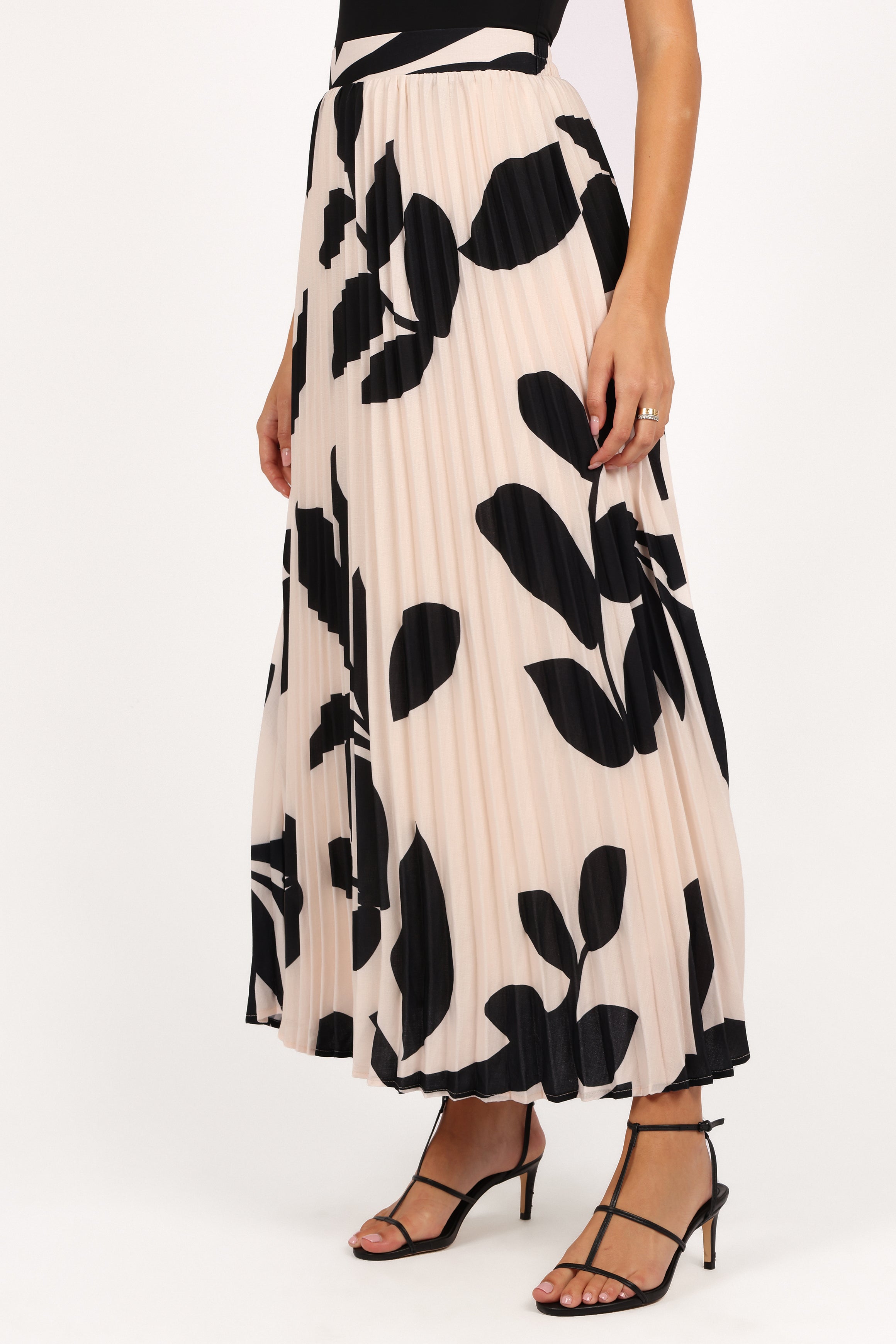 Aurora Pleated Maxi Skirt for Women - Cream Black Floral Print, High Waist Elegant Long Skirt for Spring Summer, Perfect for Beach, Party, and Casual Outfits