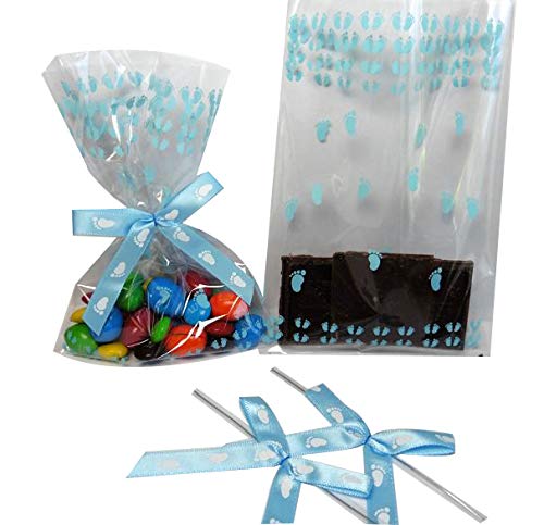 25pcs 5x8 Inch Blue Footprint Gift Bags with Ribbon Bows for Baby Shower Party - Perfect for Boy's Birthday, Baptism & Newborn Celebration Gifts
