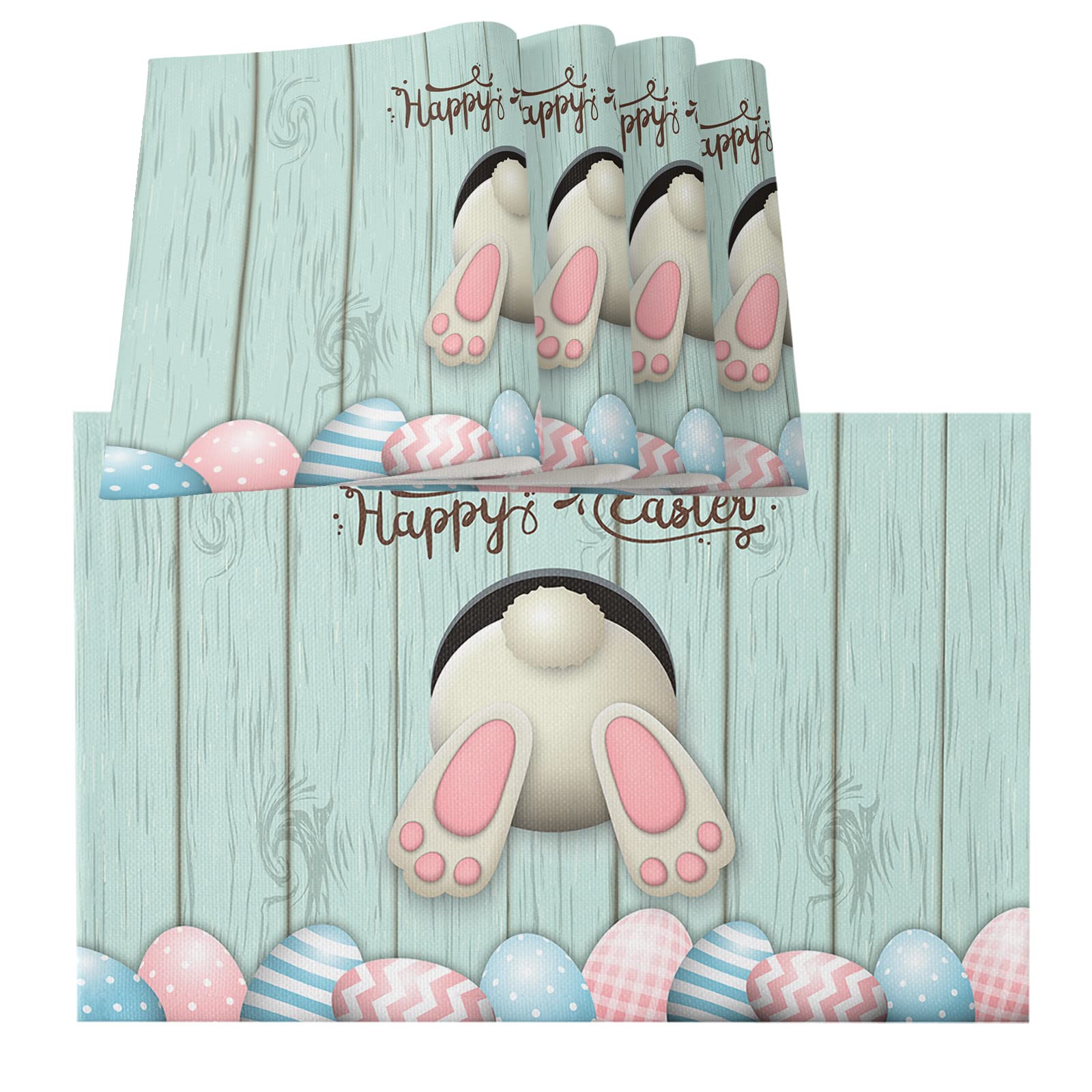 Funny Easter Bunny Placemats Set of 6 - Non-Slip Cotton Linen Table Mats for Kitchen & Dining - Washable Easter Eggs Decor with Green Wood Plank Design - Perfect for Easter Brunch, Holiday Decorations & Family Gatherings