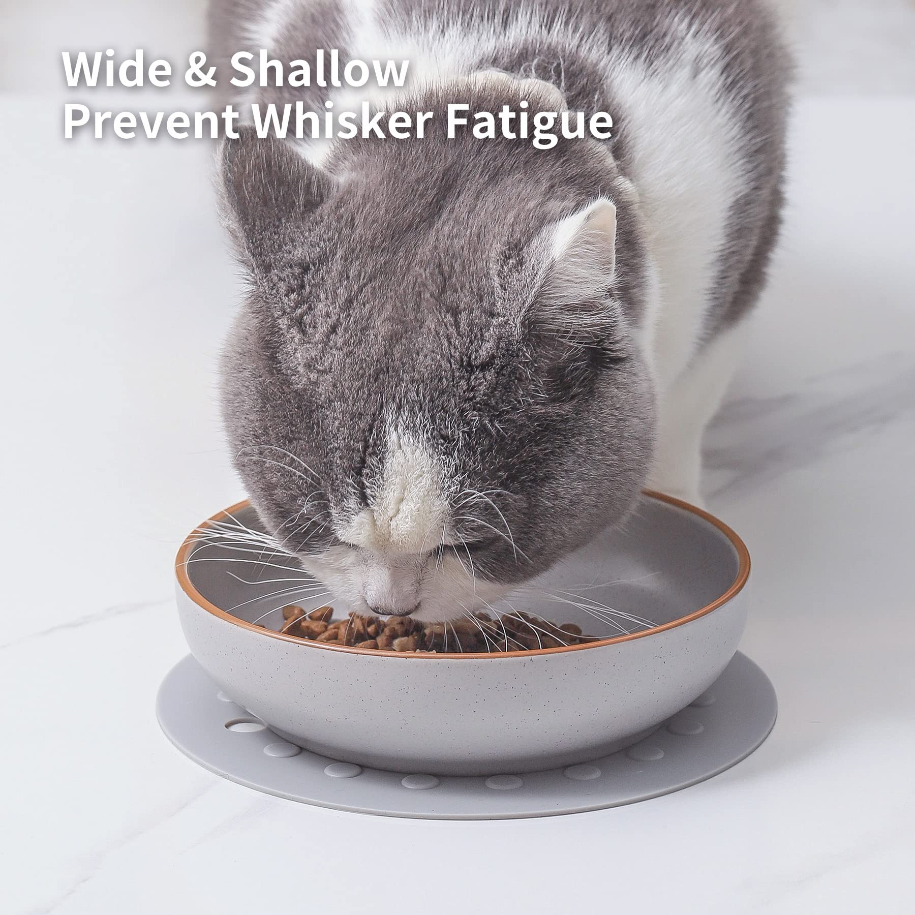 Howise 6 Inch Ceramic Cat Bowls with Non-Slip Mat - 3 Piece Set for Food & Water | Wide Shallow Whisker-Friendly Cat Dish | Durable Pet Bowl for Indoor Cats & Kittens (Grey) | Perfect for Mealtime, Hydration & Stress-Free Feeding