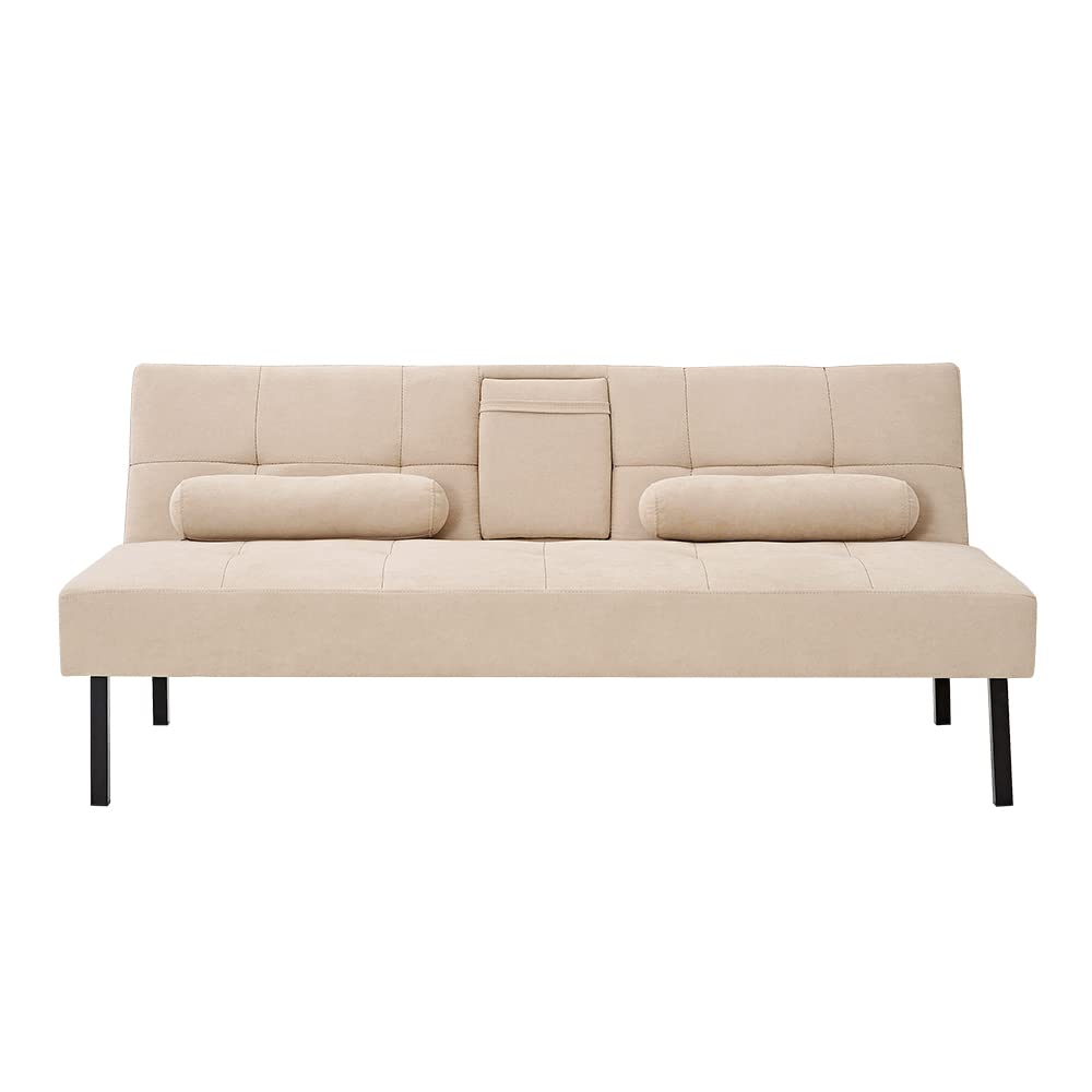 Panana Modern Convertible Futon Sofa Bed - Linen Fabric Upholstered, 5-Angle Adjustable with 2 Cup Holders, Beige | Space-Saving Daybed & Guest Bed for Small Apartments, Dorms & Home Offices