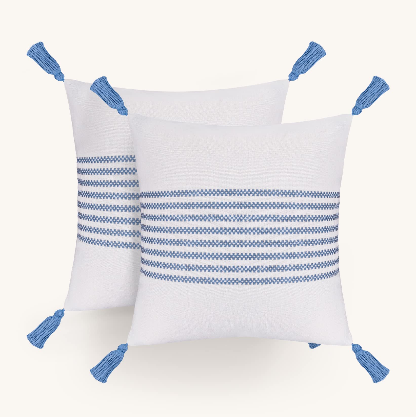 LA JOLIE MUSE Boho Throw Pillow Covers Set of 2 - 20x20 Inch Farmhouse Decorative Pillow Covers for Couch, Sofa & Bed - Blue and White Striped Square Pillow Cases - Perfect for Living Room, Bedroom & Home Decor