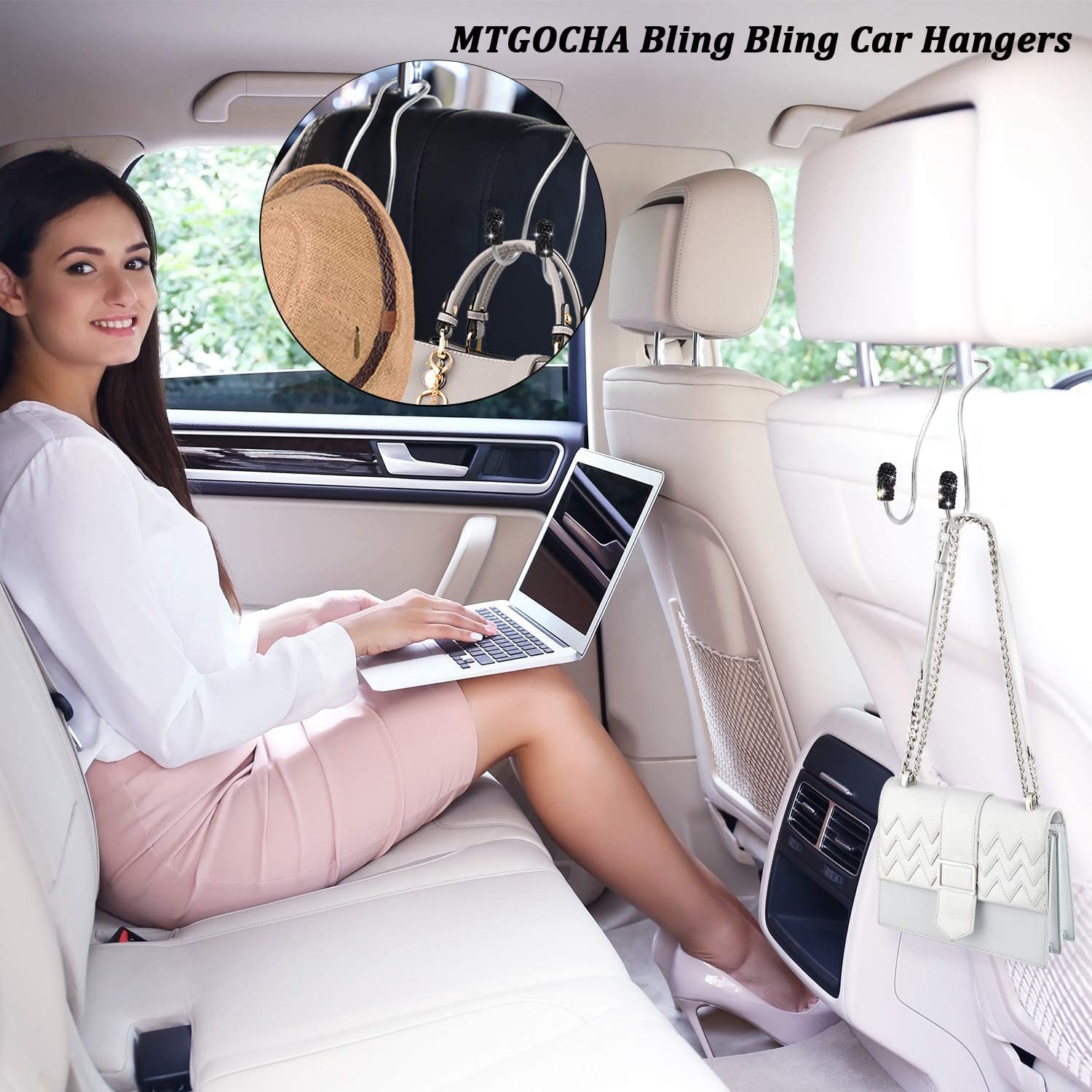 MTGOCHA Universal Car Headrest Hooks - 2 Pack Black Bling Purse Hangers for Women, Durable Metal Seat Hook for Handbags, Totes & Shopping Bags | Perfect Car Accessories for Groceries, Takeout & Daily Essentials