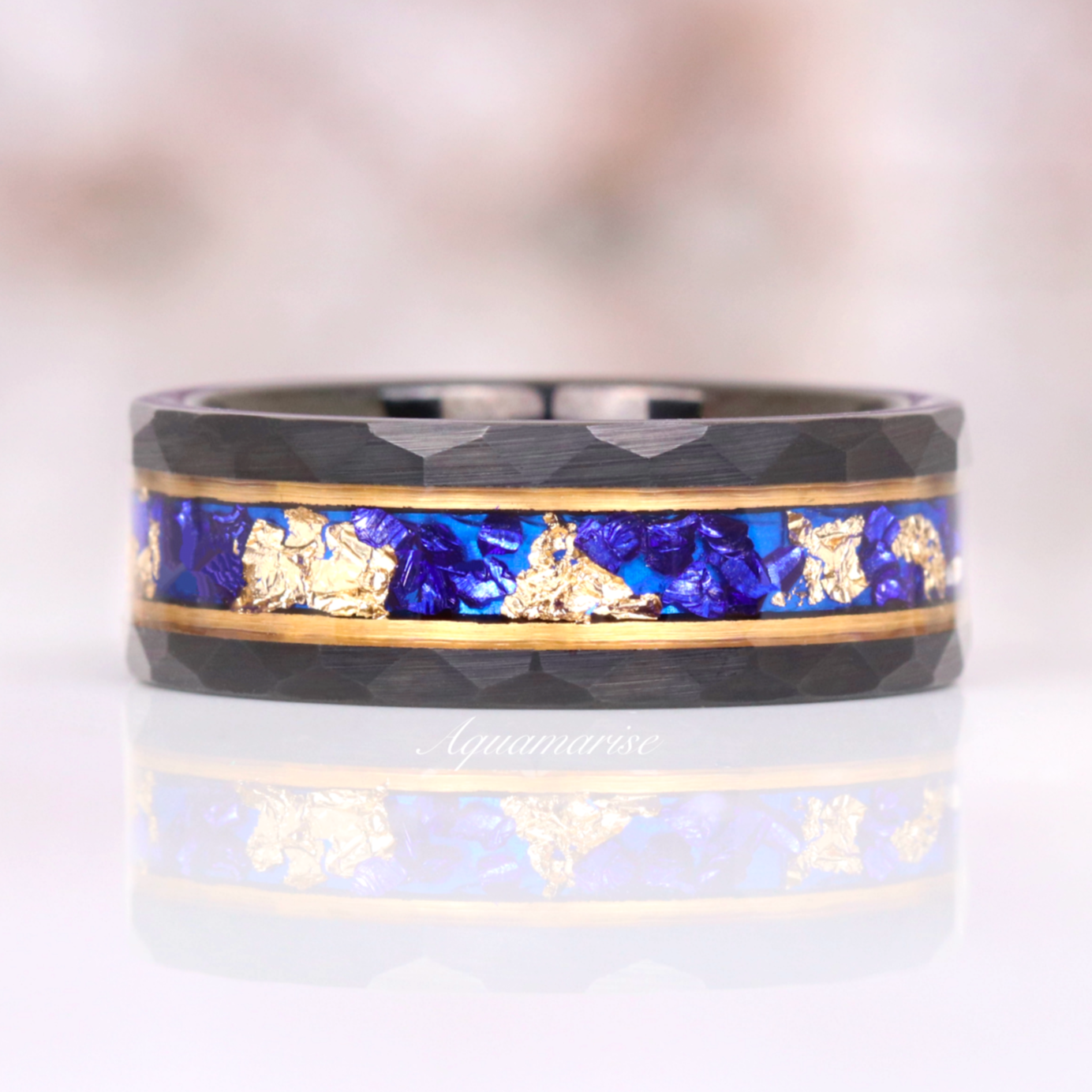 Blue Sapphire & Gold Leaf Wedding Band - 8MM Hammered Black Tungsten Ring for Men - Perfect for Weddings, Anniversaries & Special Occasions