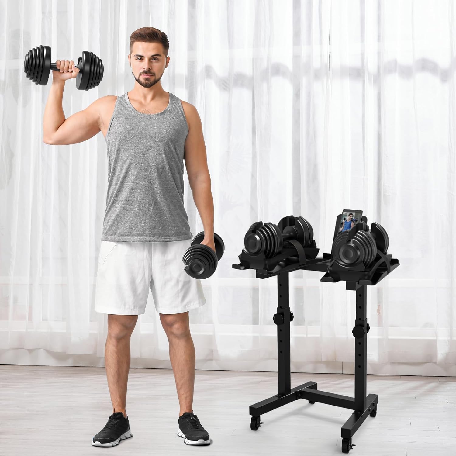 Adjustable Dumbbell Stand with 4-Level Height Adjustment - Uboway Weight Rack with Tablet Holder, Durable Casters & Bonus Foot Pads - Perfect for Home Gym, Workout & Fitness Training - Compatible with Adjustable Dumbbell Sets