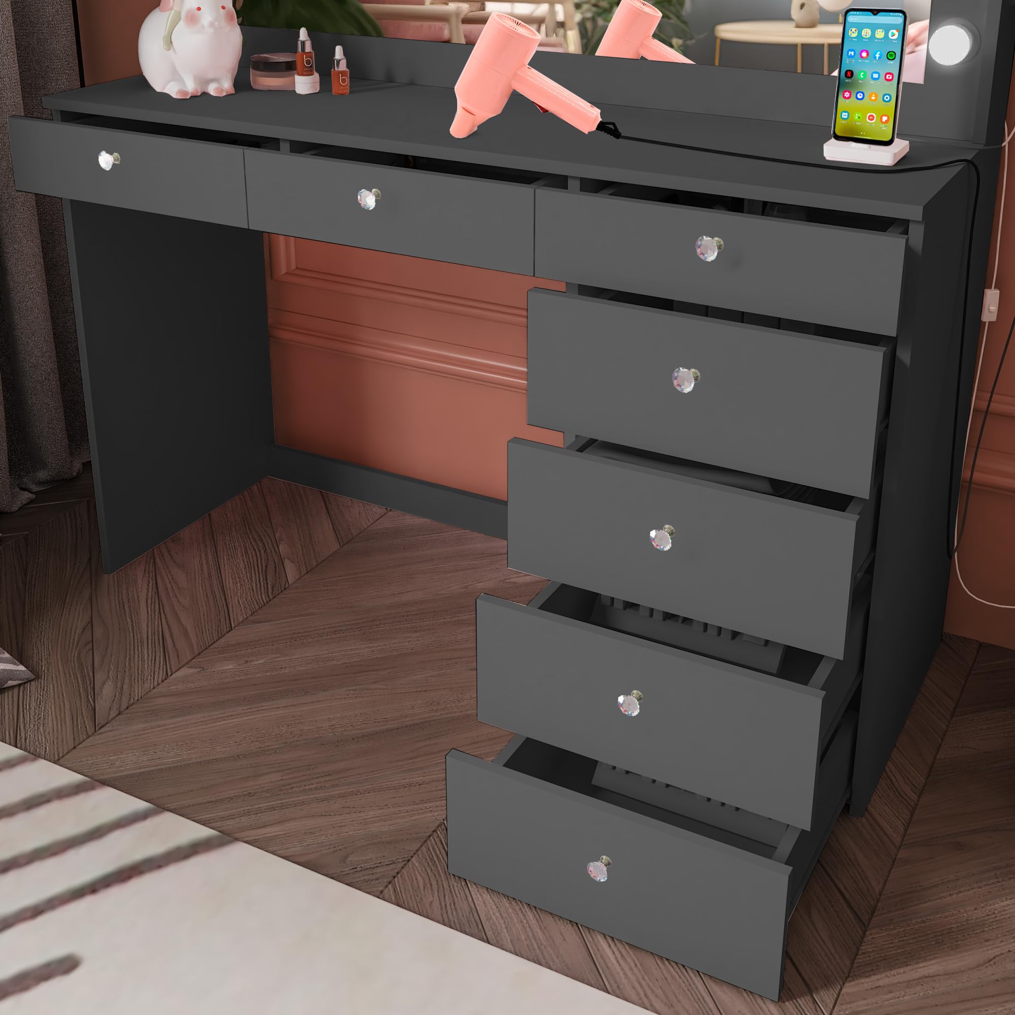 Boahaus Diana Large Makeup Vanity Desk with Hollywood Vanity Mirror & Built-in LED Lights - 7 Drawers, Spacious Top, Crystal Knobs - Black Dressing Table for Bedroom (58.2