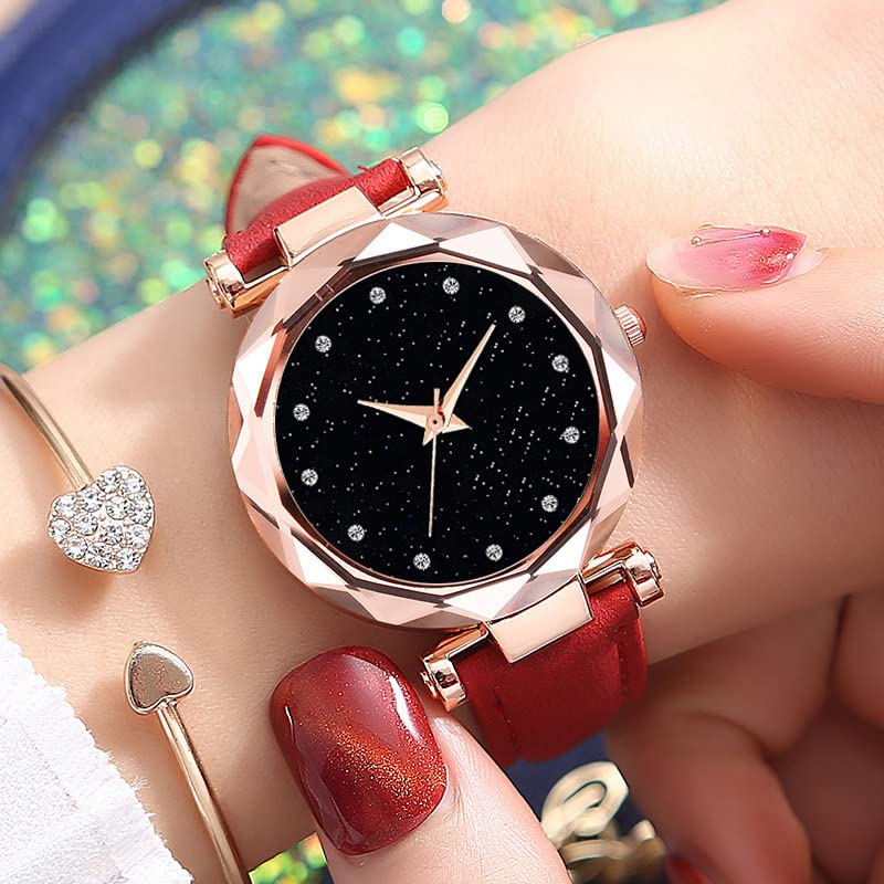 Shunya Elegant Black Dial Red Strap Diamond Women's Watch - Perfect for Formal Events, Date Nights & Special Occasions