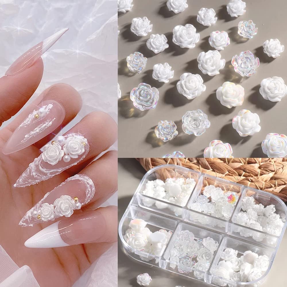 Gleevia 60Pcs 3D White Acrylic Flower Nail Charms - Aurora Camellia Nail Art Jewelry, Resin Flowers for DIY Nail Decorations, Rhinestone Nail Accessories - Perfect for Bridal, Party & Salon Nail Designs