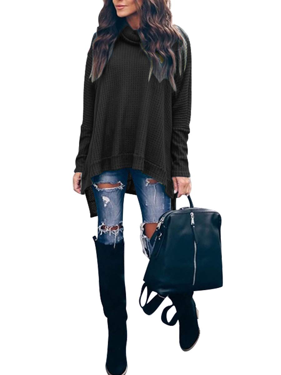 Caracilia Women's Oversized Turtleneck Sweater - Batwing Long Sleeve Waffle Knit Pullover with Split Hem | Winter Warm Casual Tops 2024 | Perfect for Office, Date Night & Fall Layering