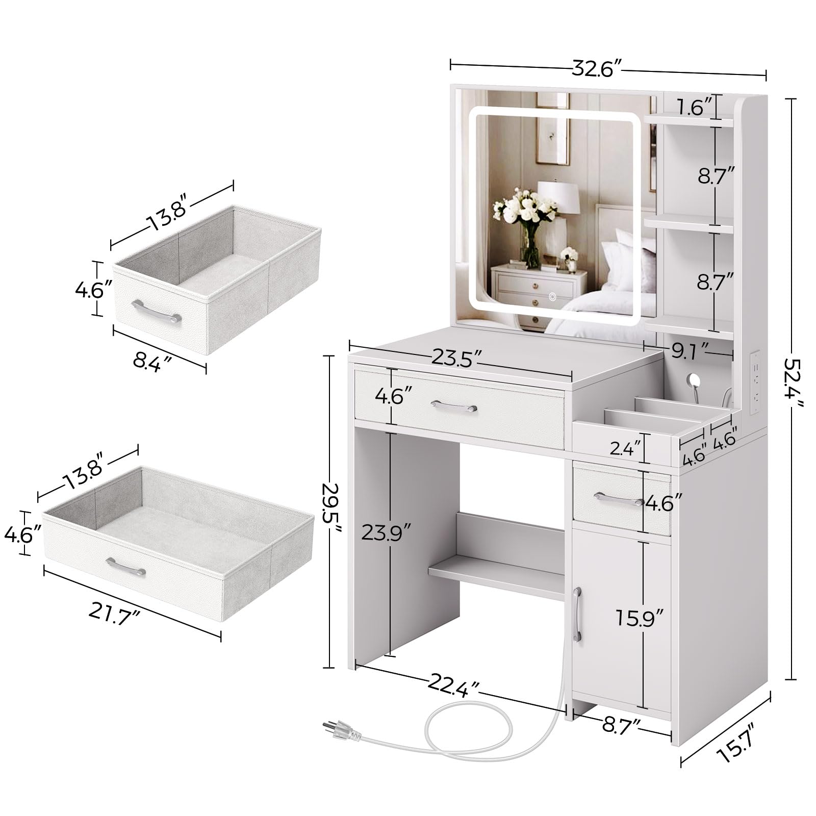 GREENSTELL White Vanity Makeup Desk with LED Lights & Mirror - 32.6