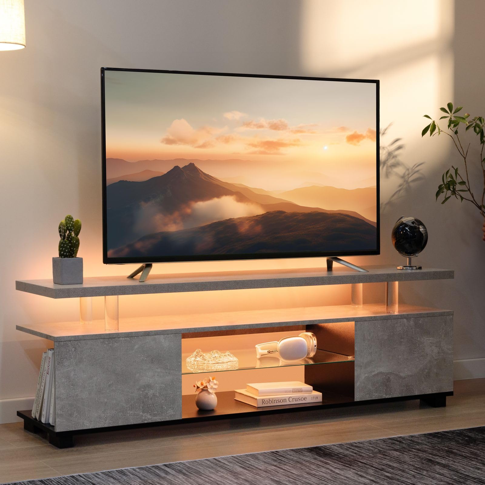65 Inch LED TV Stand with Storage - Modern Entertainment Center for Living Room, Grey (A16-7) - Perfect for Home Theater & Living Room Organization