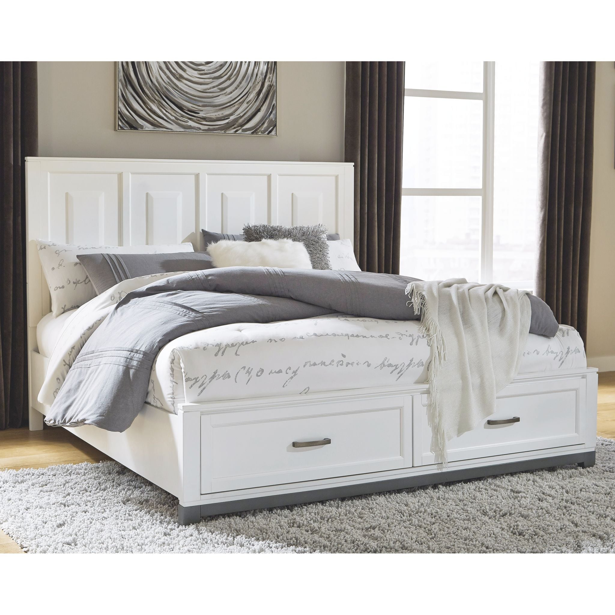 Brynburg 4-Piece White Storage Bed Set - Queen Size Platform Bed with Underbed Drawers for Small Space Bedroom Organization