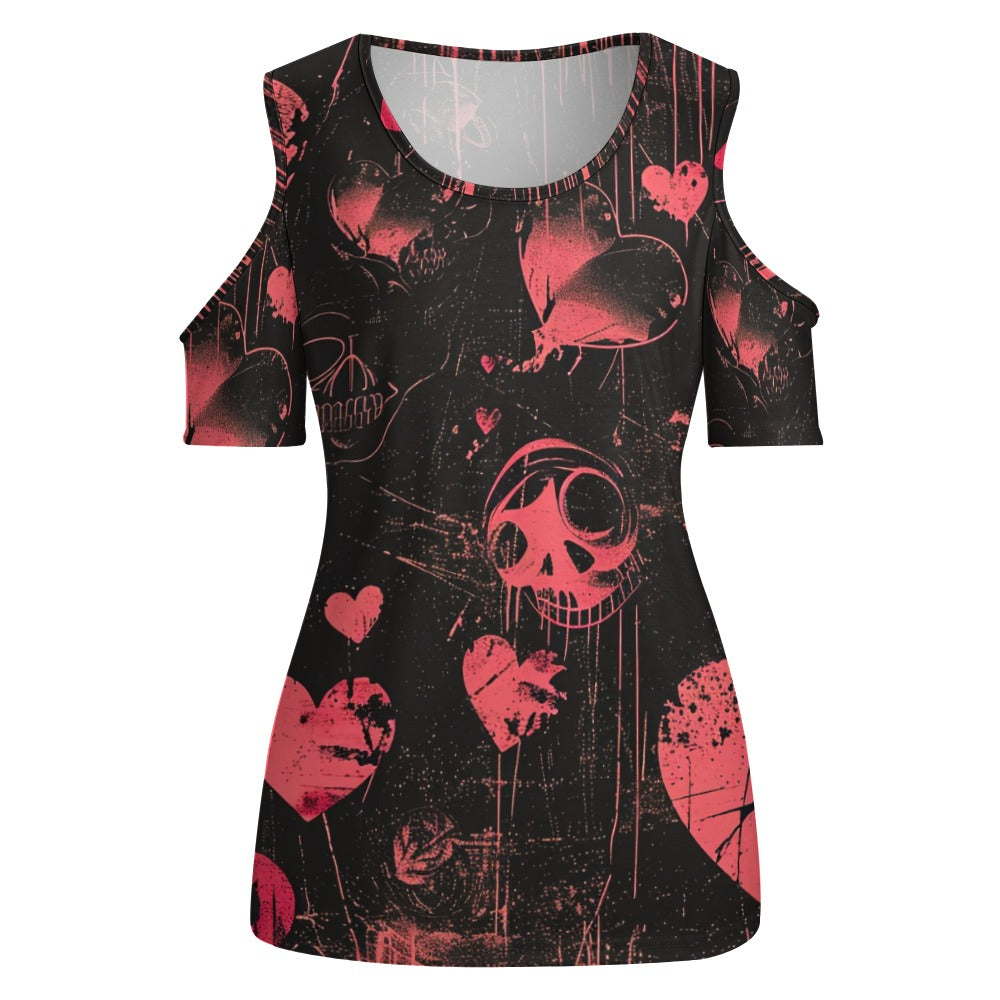 Faded Hearts Off The Shoulder U Neck Short Sleeve T-Shirt for Women | Casual Summer Tops | Perfect for Beach, Date Night & Music Festivals