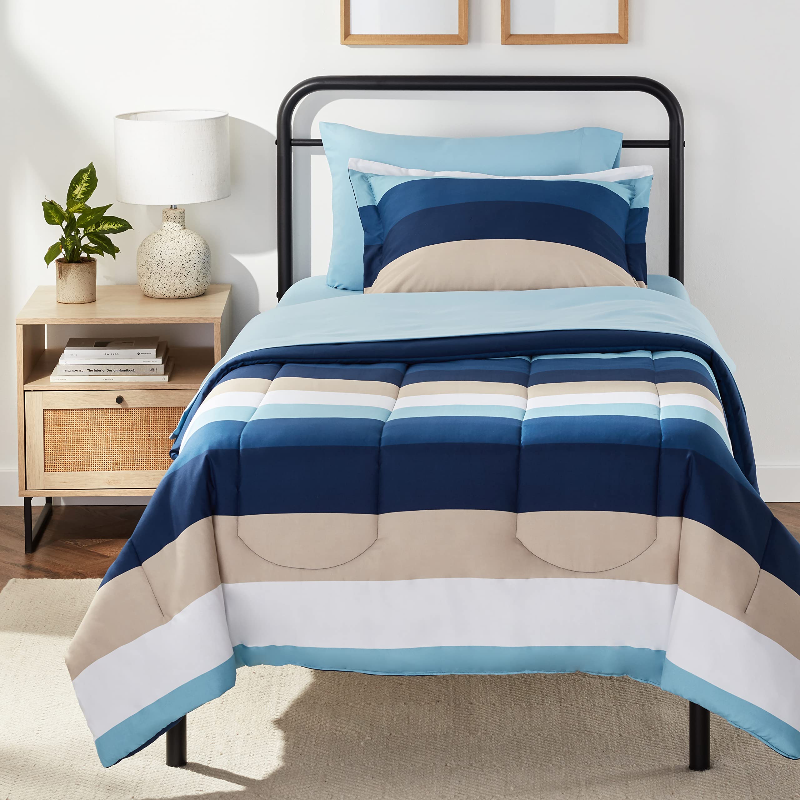 Amazon Basics 5-Piece Lightweight Microfiber Comforter Set with Sheets - Twin/Twin XL Size, Blue Striped Bedding for Kids & Teens, Soft Breathable Bed-in-a-Bag for Dorm Rooms, Guest Beds & Everyday Comfort