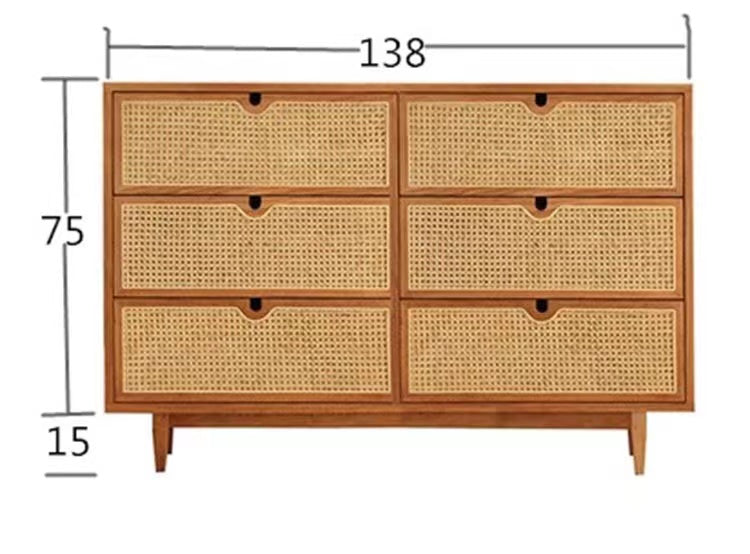 Japanese Style Dakota RITZ Chest of Drawers - Solid Wood Rattan Cabinet in Walnut & Cherry Finish | Perfect for Bedroom, Living Room, or Home Office Storage