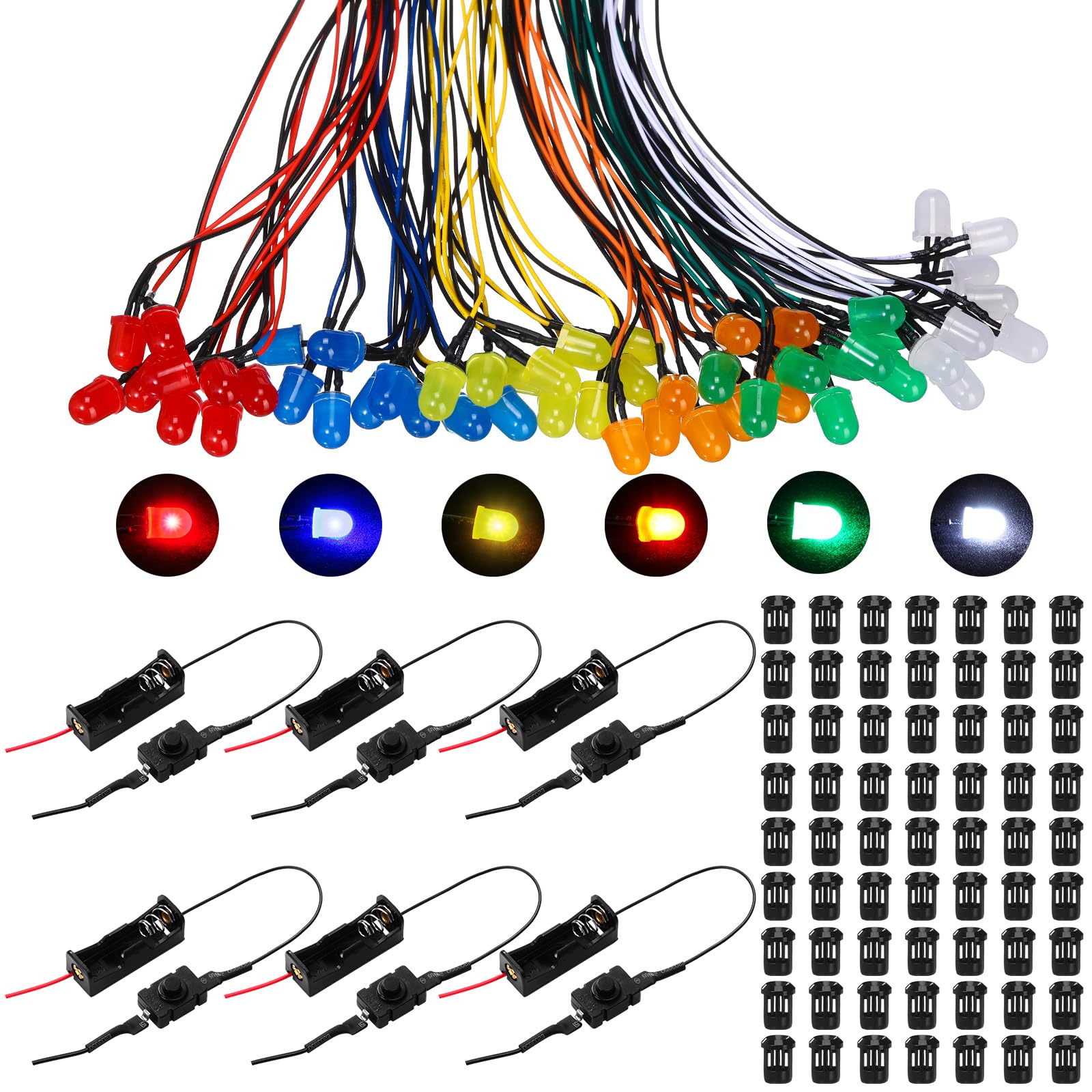 126 Pcs 12V LED Lights Kit - 60 Pre-Wired LED Diodes & 60 Plastic Holders with 6 Battery Holders for DIY Crafts, Model Making, Dollhouse Lighting (10mm) - Perfect for Home Decor, School Projects, and Miniature Lighting