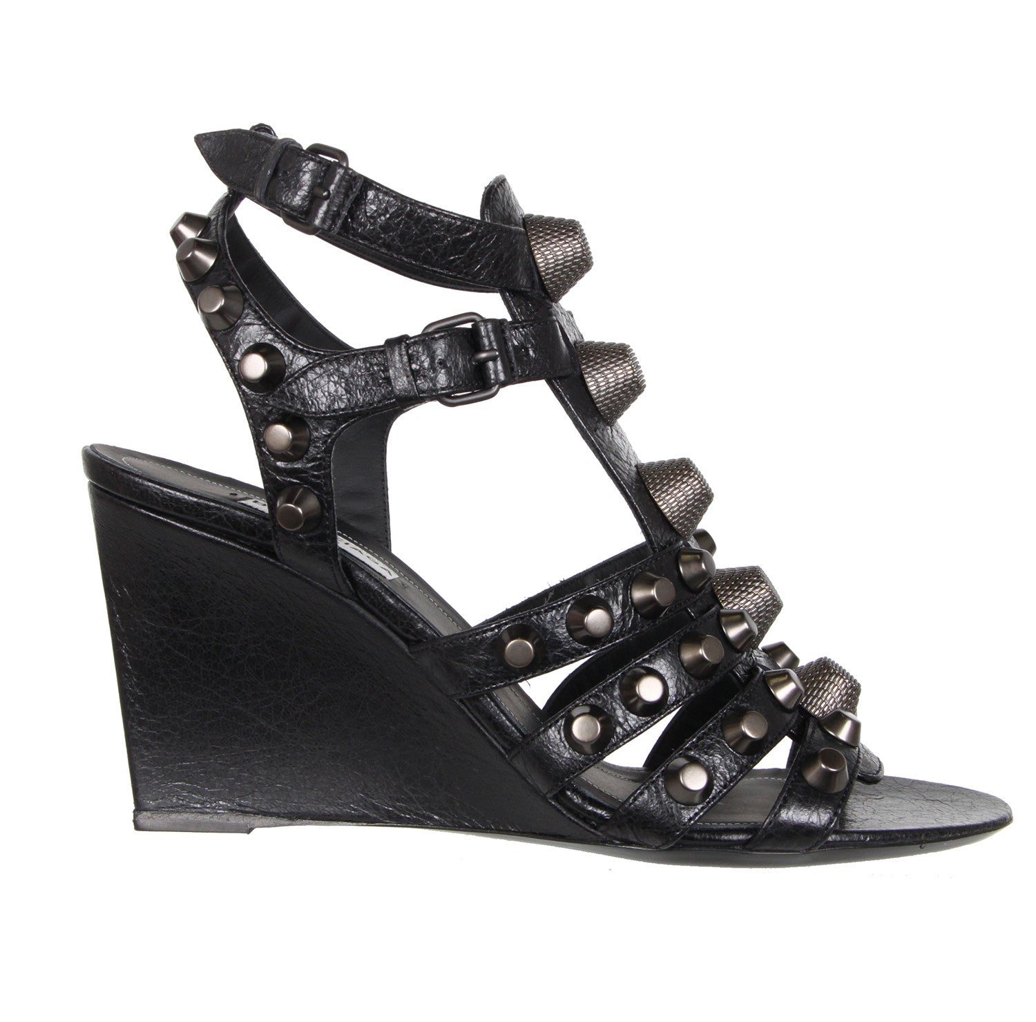 Studded Gladiator Wedge Sandals 80 G12 - Black/Gunmetal Women's Fashion Shoes for Summer Outfits & Nightlife