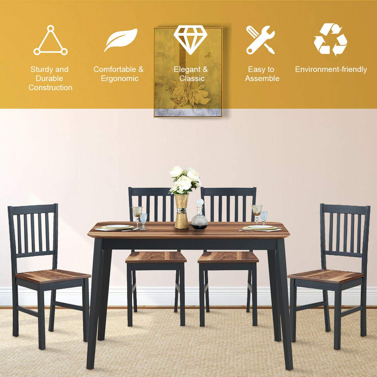 COSTWAY Set of 4 Dining Chairs - Solid Rubber Wood Armless Side Chairs with Slat Back, Black Base & Walnut Seat - Perfect for Home Kitchen, Dining Room, Breakfast Nook & Small Space Decor