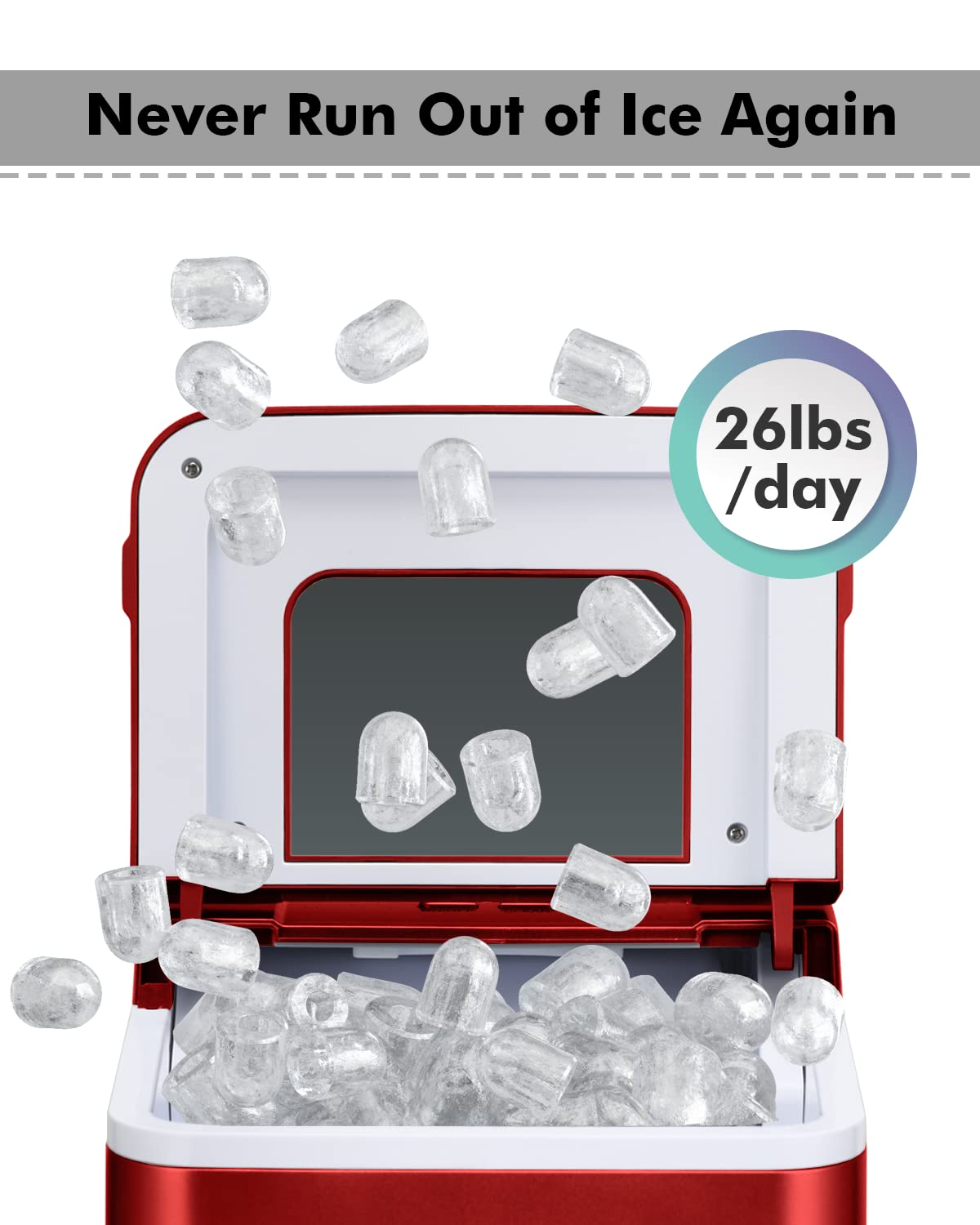 Portable Ice Maker Machine - Countertop Mini Ice Maker with Automatic Cleaning, Scooper & 9 Cubes in 8 Minutes - Perfect for Home, Office, RV & Outdoor Use (Red)