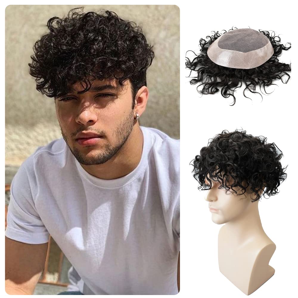 Lordhair 100% Human Hair Men's Toupee - 6x8 Inch Curly Lace Front Hair System with PU Base (20mm) - Natural Looking Hair Replacement for Thinning Hair & Baldness - Perfect for Daily Wear, Special Occasions & Styling