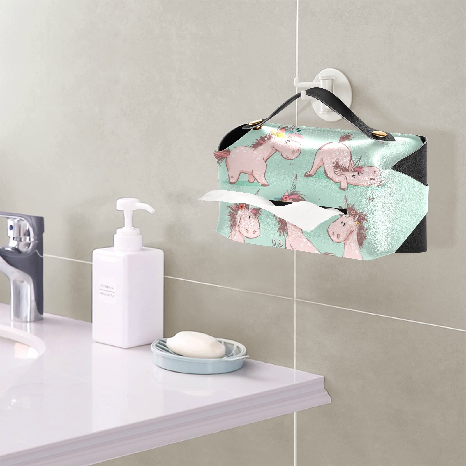 **Cute Cartoon Pink Unicorn Tissue Box Cover - Seamless Turquoise Leather with Handle - 9.4x5.1x3.6 Inches - Perfect for Bathroom, Home, Office, Car & Nightstand Decor**    *(Use Scenes: Adds a whimsical touch to your bathroom vanity, brightens your office desk, or keeps your car tissues stylishly organized!)*