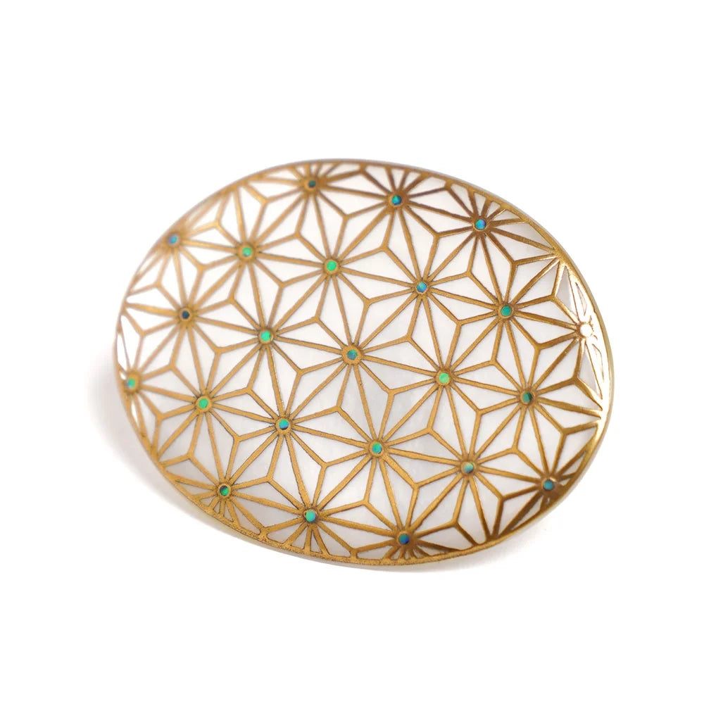 Handcrafted Japanese Maki-e Urushi Lacquer Brooch with White South Sea Pearl Shell - Geometric Hemp Leaf Design - Traditional Artisan Jewelry for Women - Perfect for Weddings, Tea Ceremonies & Special Occasions